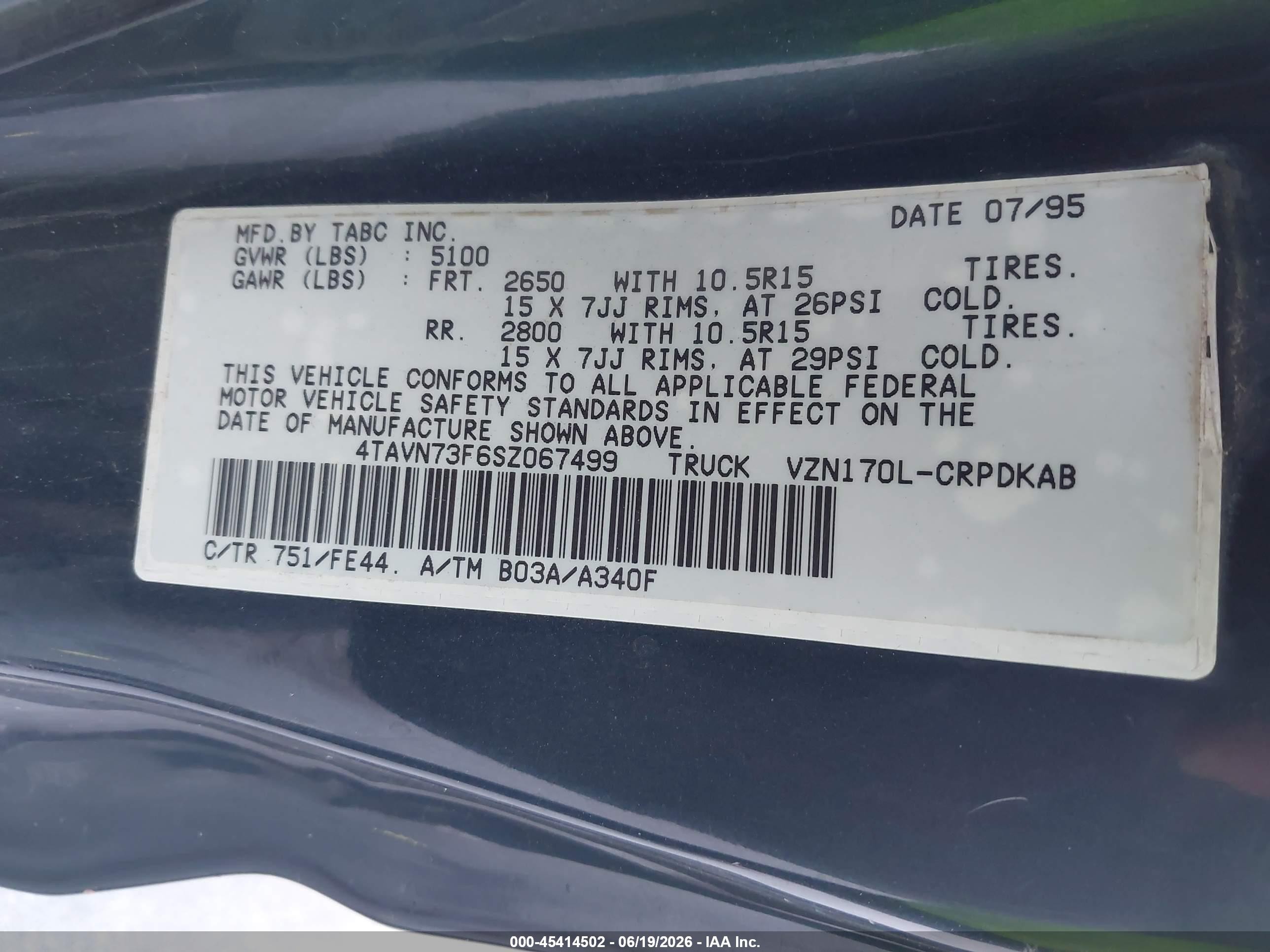 1995 Toyota Tacoma Xtracab Green vin: 4TAVN73F6SZ067499