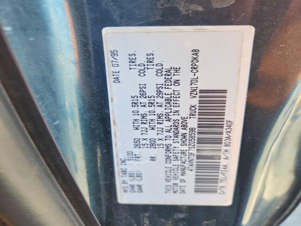 1995 Toyota Tacoma Xtracab Teal vin: 4TAVN73F7SZ058598