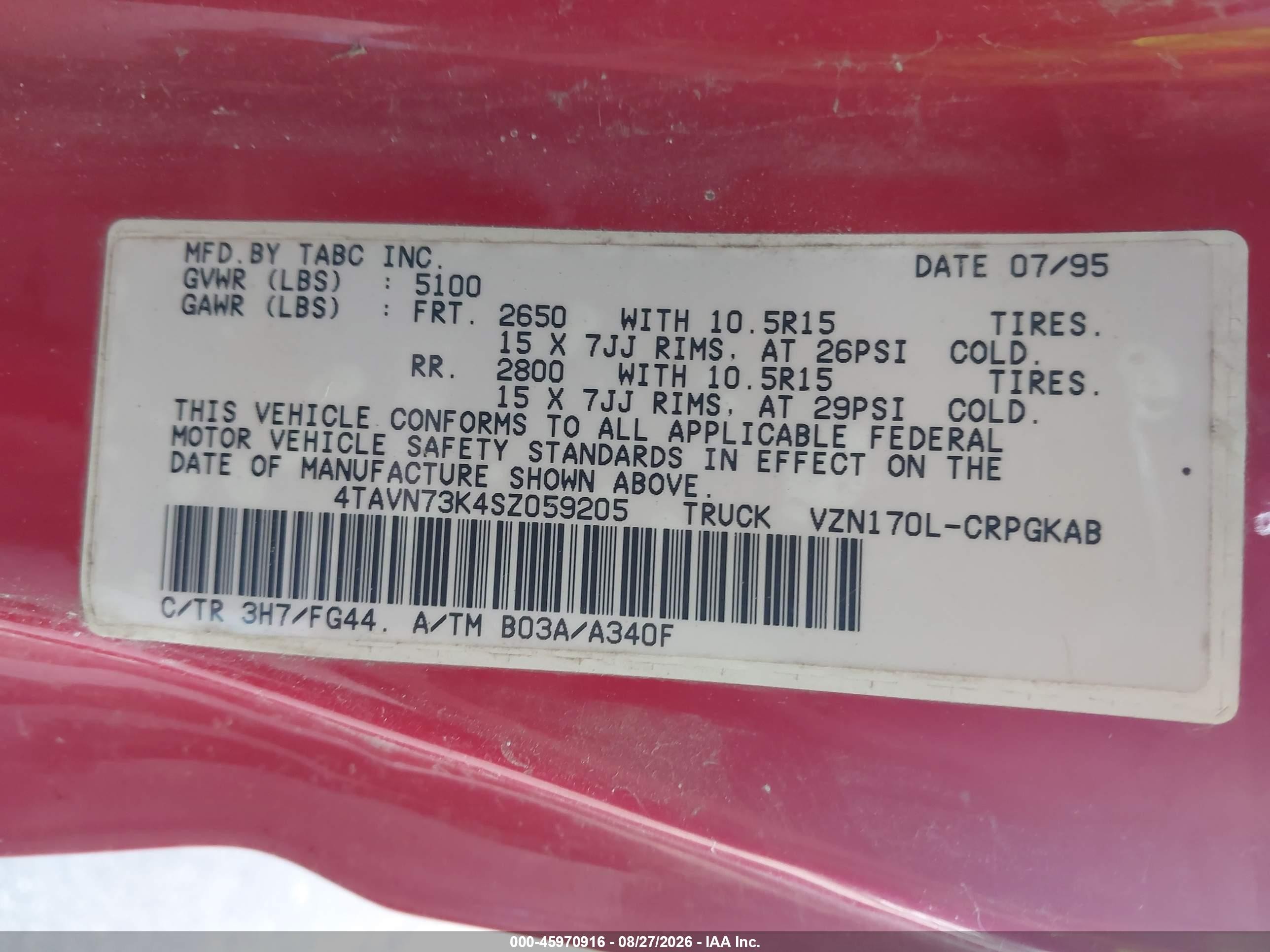 1995 Toyota Tacoma Xtracab Sr5 Red vin: 4TAVN73K4SZ059205