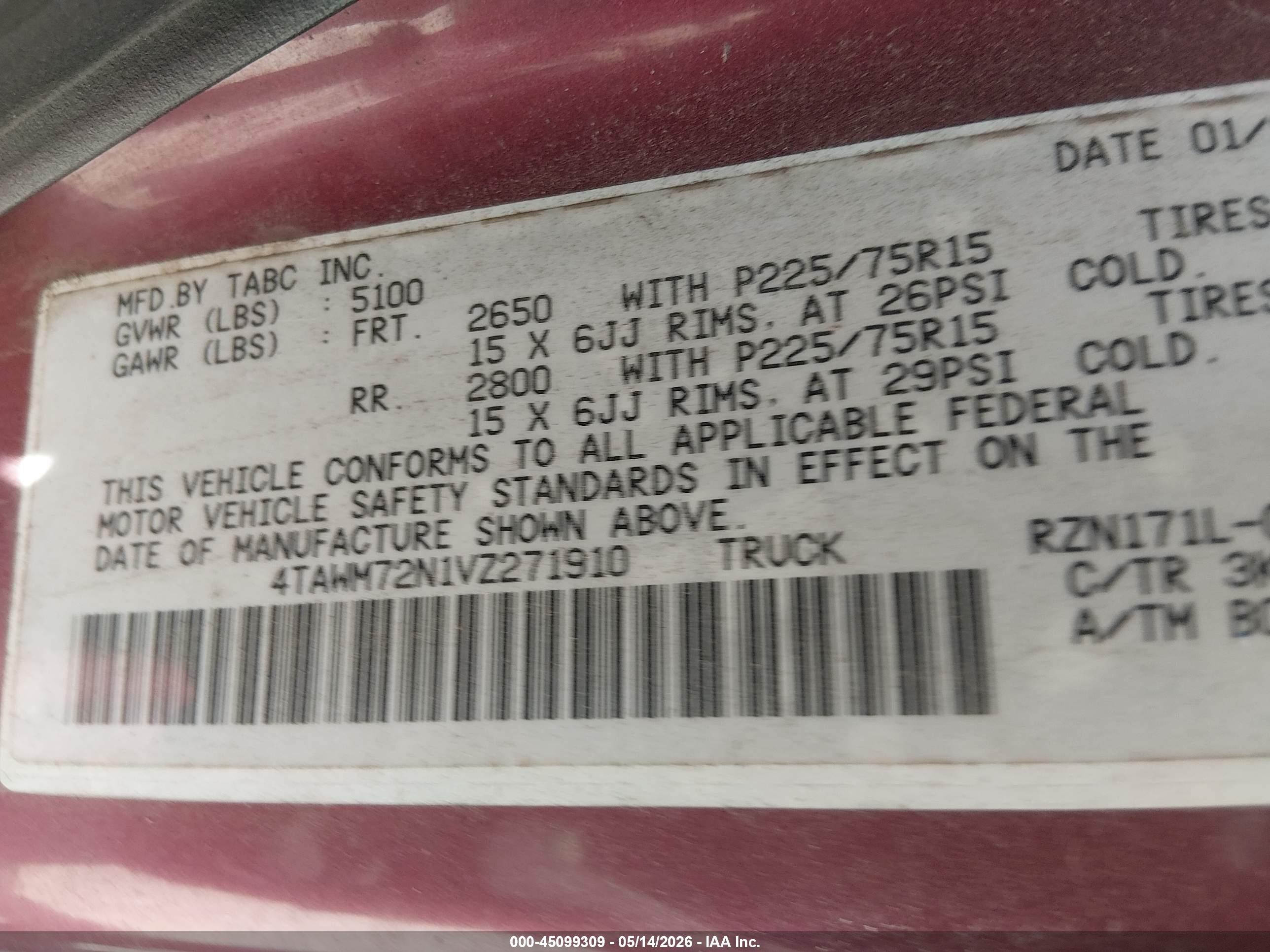 1997 Toyota Tacoma   Red vin: 4TAWM72N1VZ271910