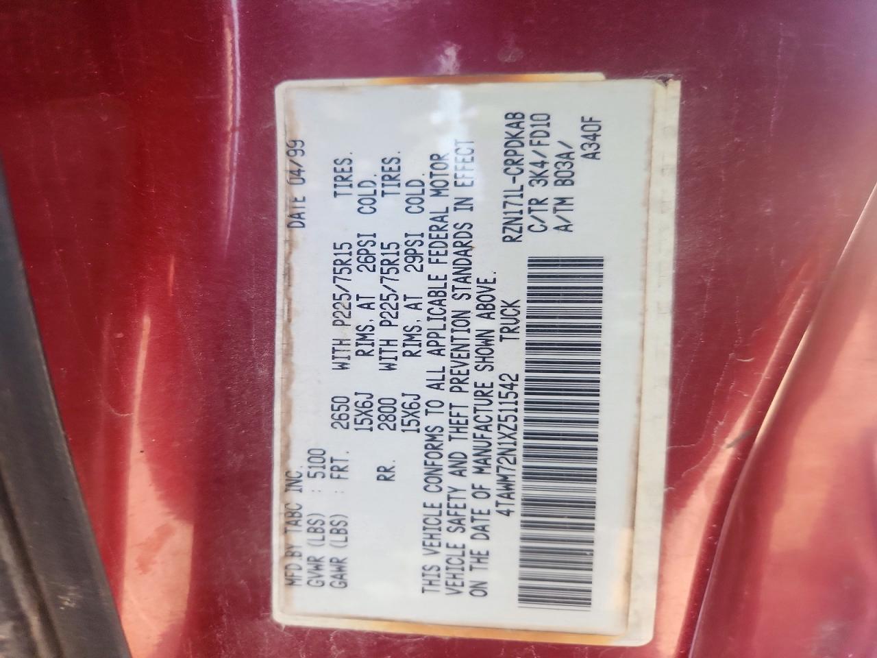 1999 Toyota Tacoma Base Red vin: 4TAWM72N1XZ511542