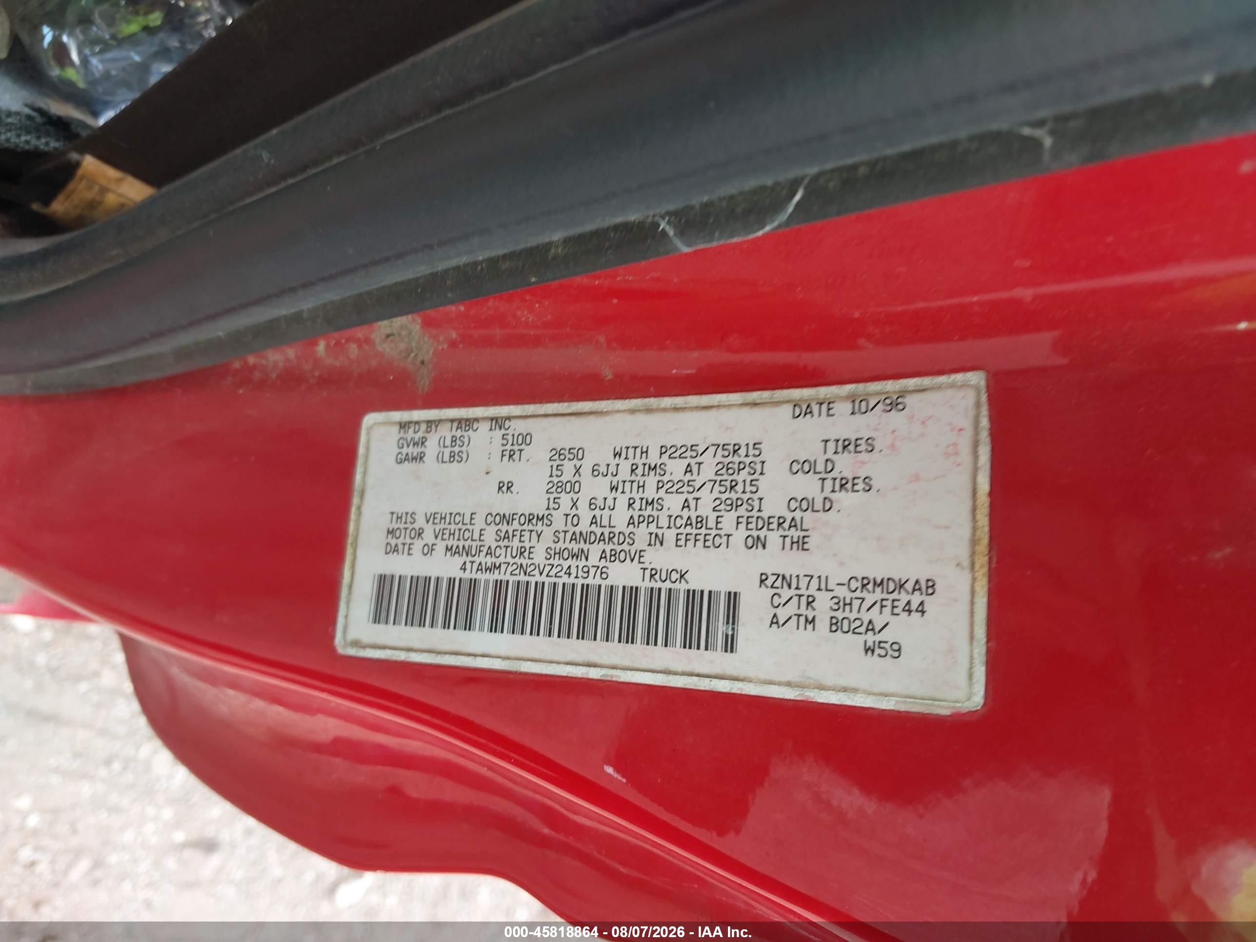 1997 Toyota Tacoma   Red vin: 4TAWM72N2VZ241976