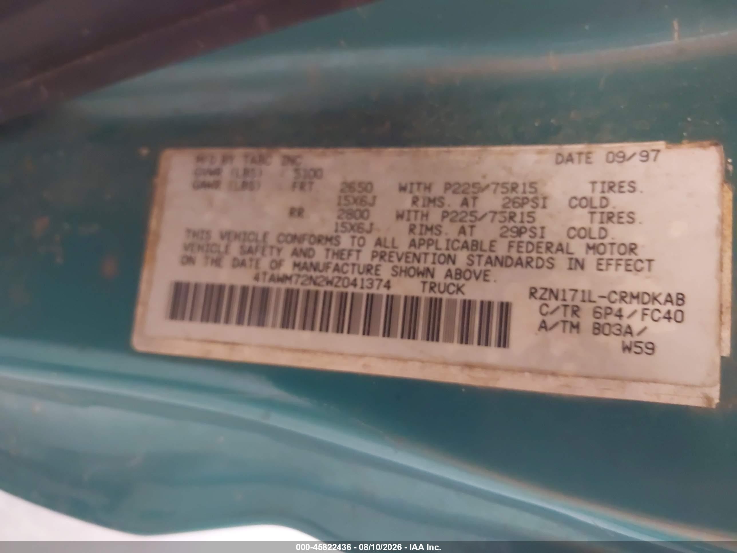1998 Toyota Tacoma   Green vin: 4TAWM72N2WZ041374