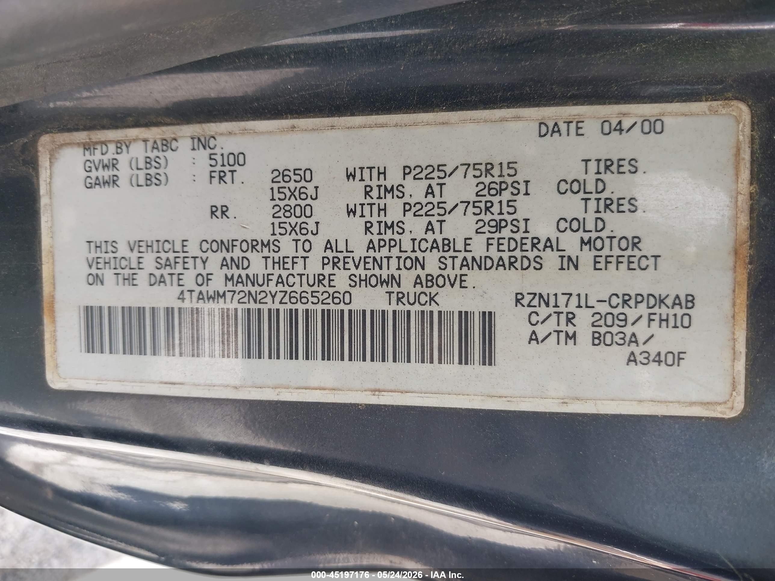 2000 Toyota Tacoma   Black vin: 4TAWM72N2YZ665260