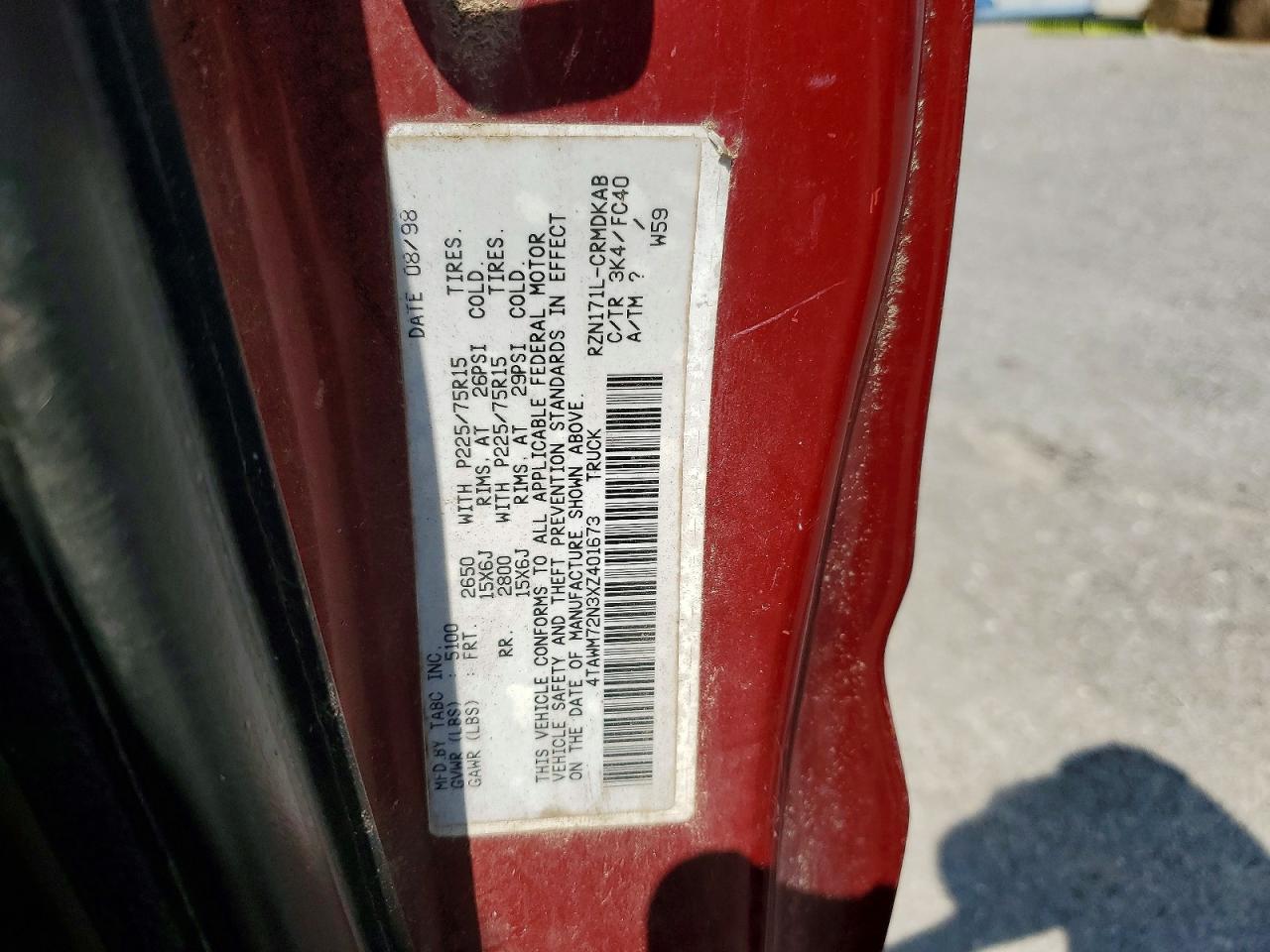 1999 Toyota Tacoma Base Burgundy vin: 4TAWM72N3XZ401673