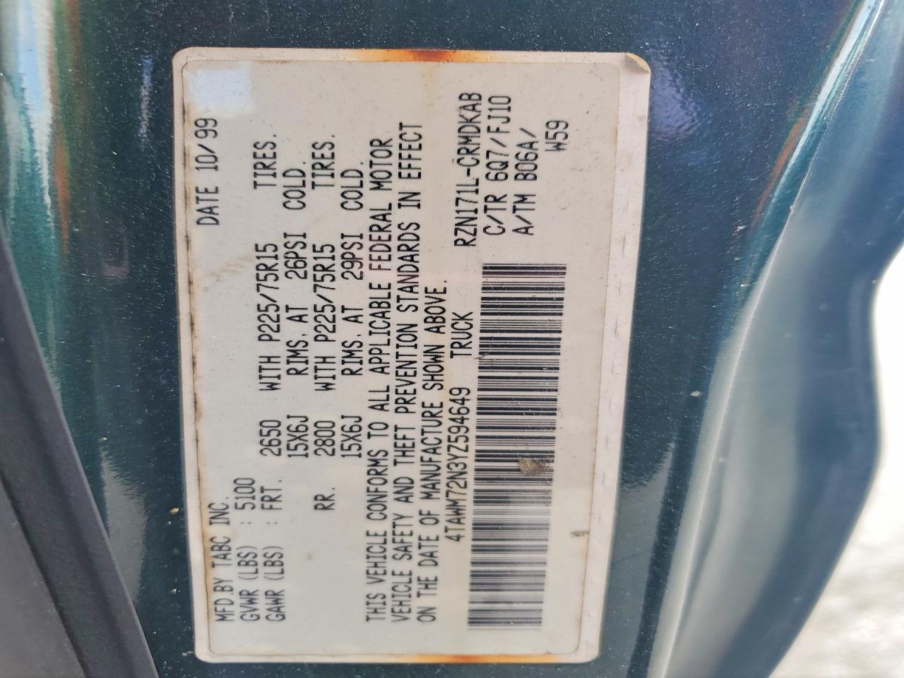 2000 Toyota Tacoma Xtracab Green vin: 4TAWM72N3YZ594649