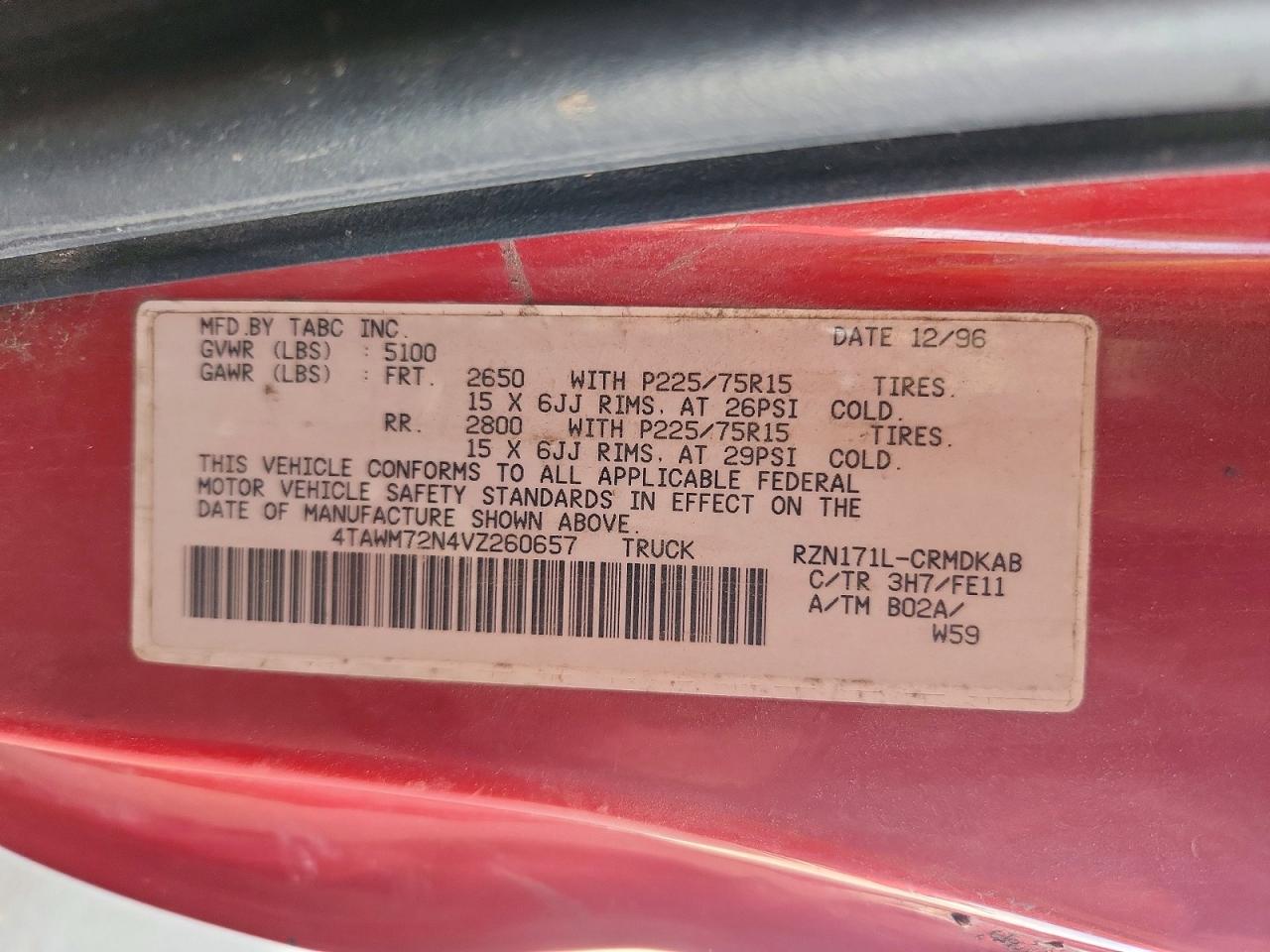 1997 Toyota Tacoma Base Red vin: 4TAWM72N4VZ260657