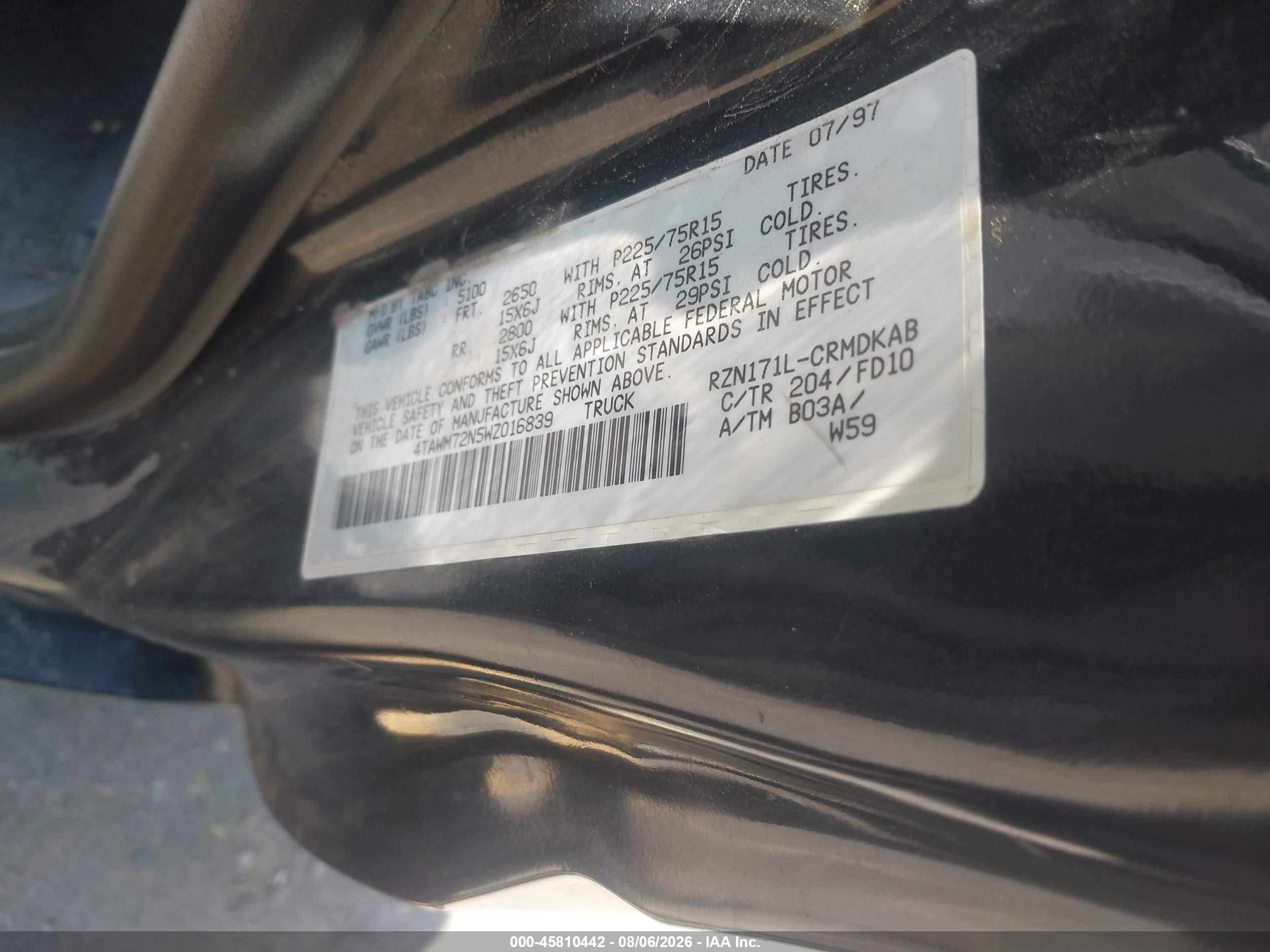 1998 Toyota Tacoma   Черный vin: 4TAWM72N5WZ016839