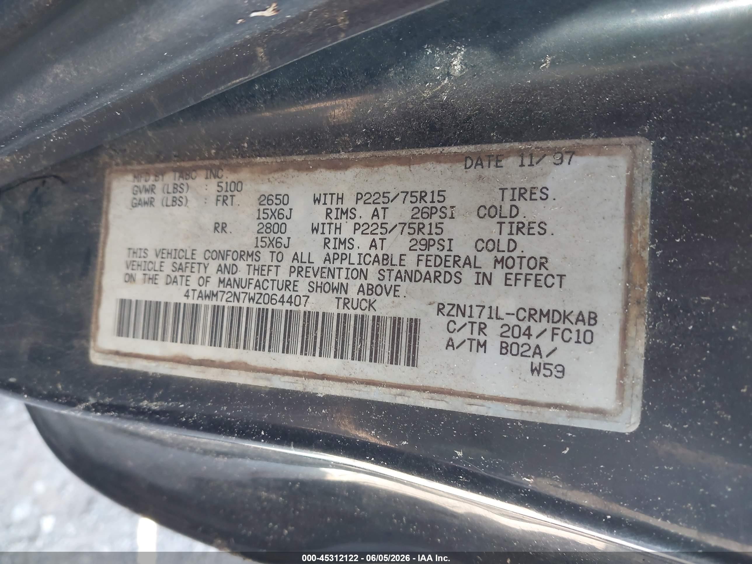 1998 Toyota Tacoma   Black vin: 4TAWM72N7WZ064407