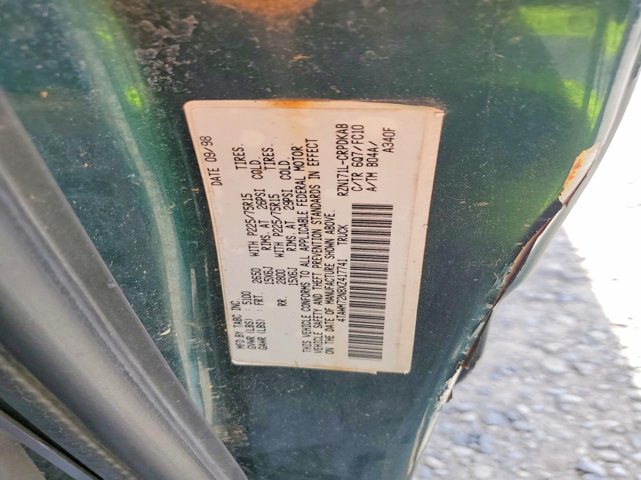 1999 Toyota Tacoma Xtracab Green vin: 4TAWM72N8XZ417741