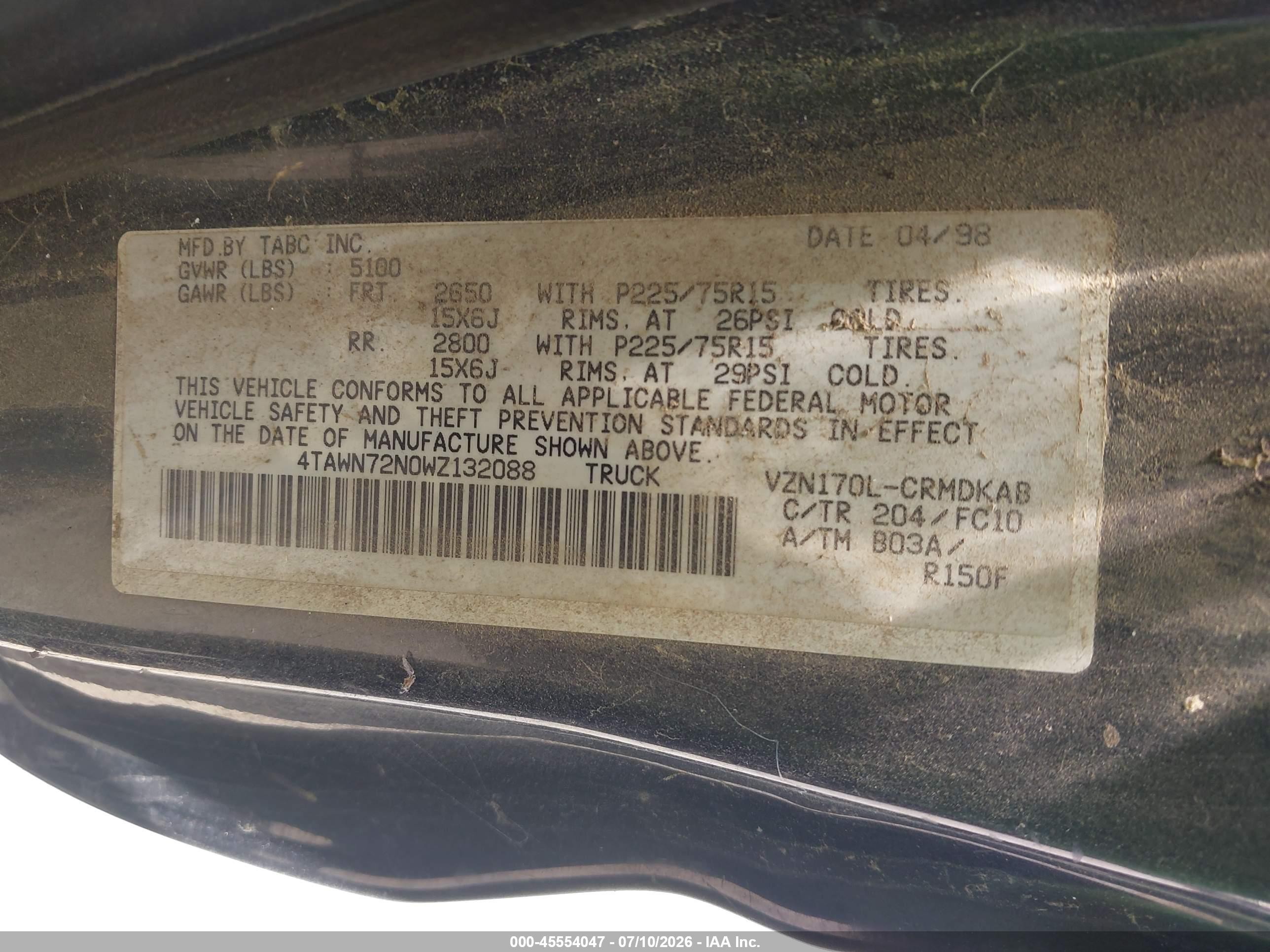 1998 Toyota Tacoma Base V6 Black vin: 4TAWN72N0WZ132088