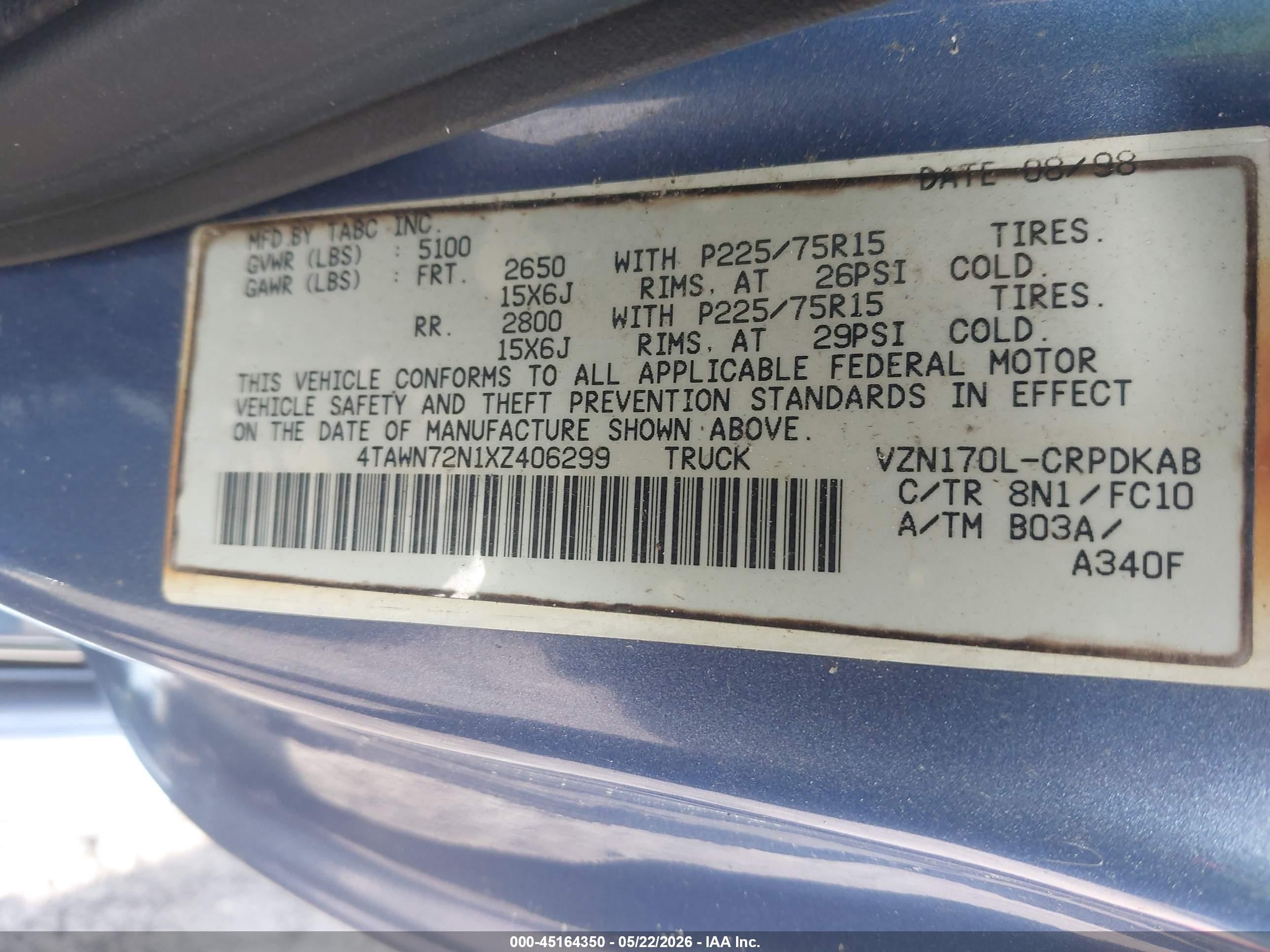 1999 Toyota Tacoma   Blue vin: 4TAWN72N1XZ406299