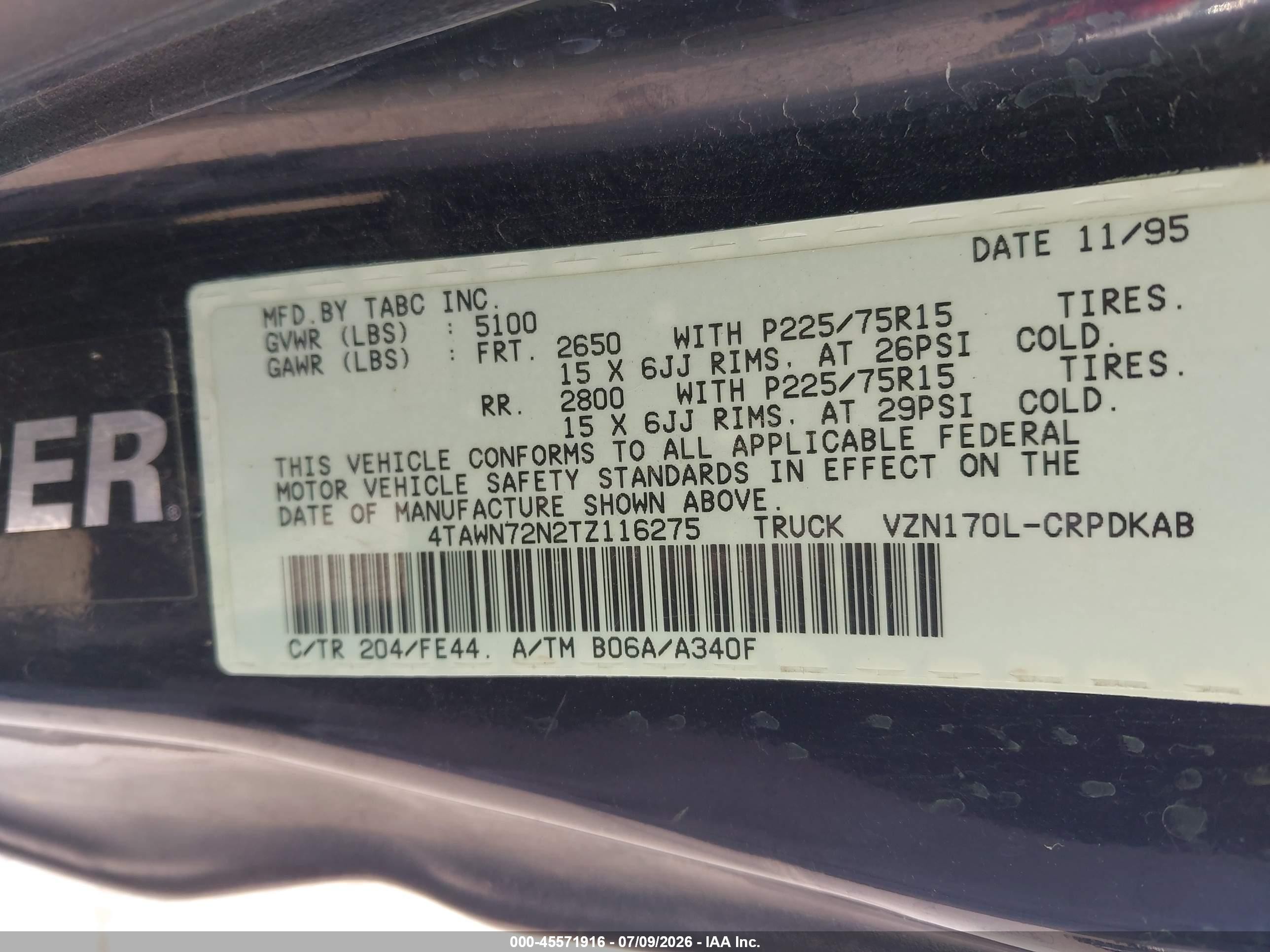 1996 Toyota Tacoma Xtracab Black vin: 4TAWN72N2TZ116275