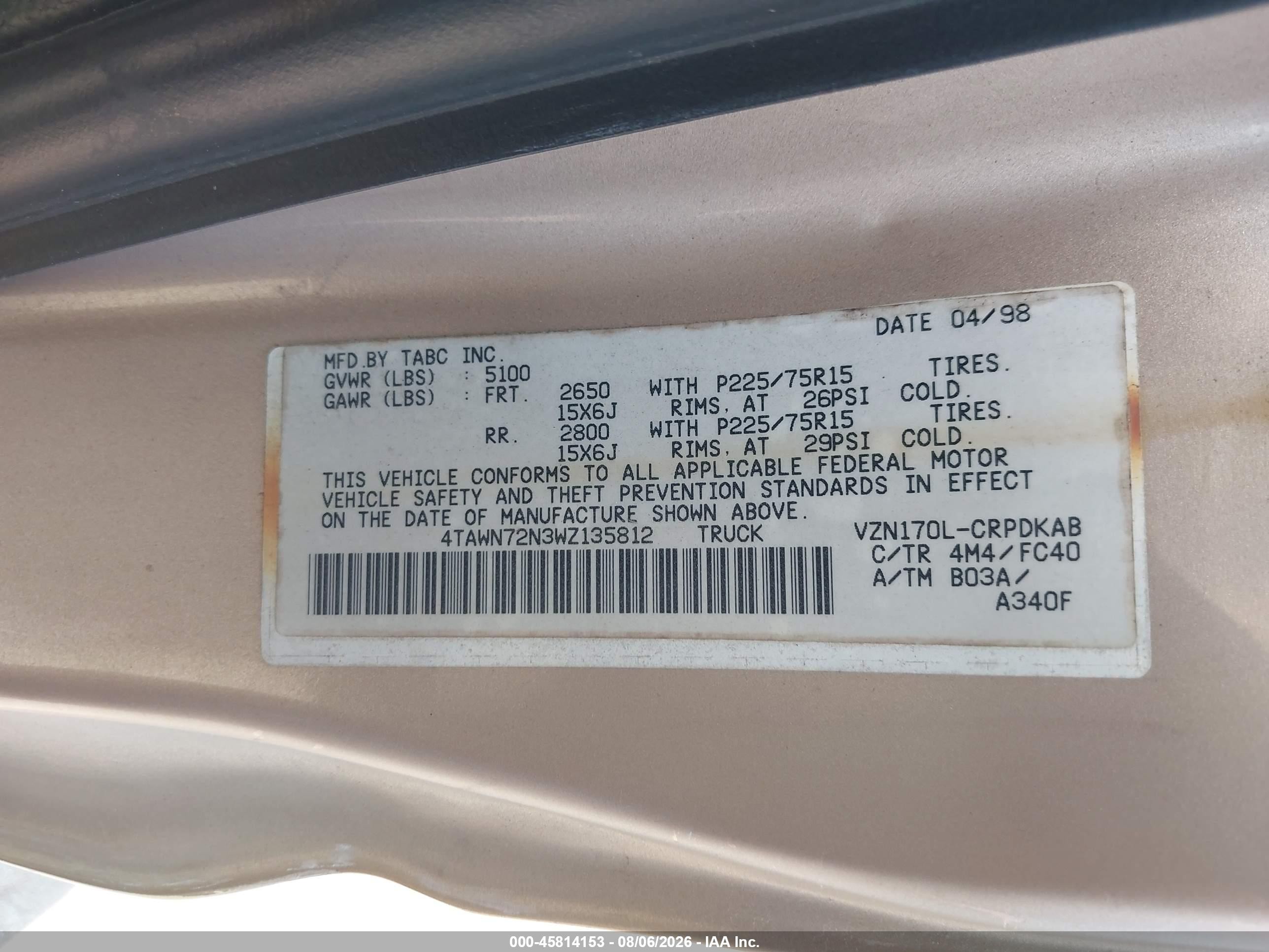 1998 Toyota Tacoma Base V6 Gold vin: 4TAWN72N3WZ135812