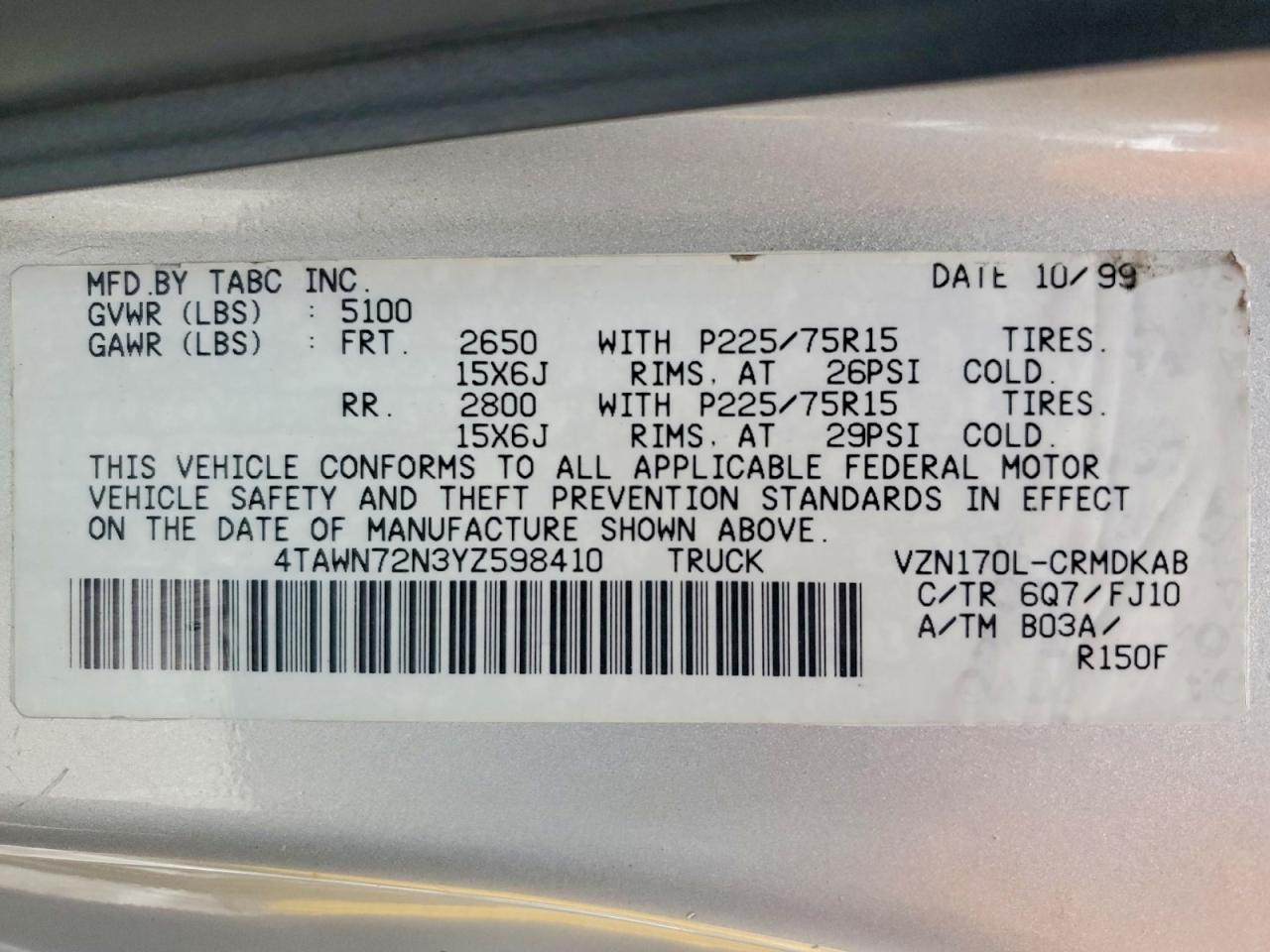 2000 Toyota Tacoma Xtracab Silver vin: 4TAWN72N3YZ598410