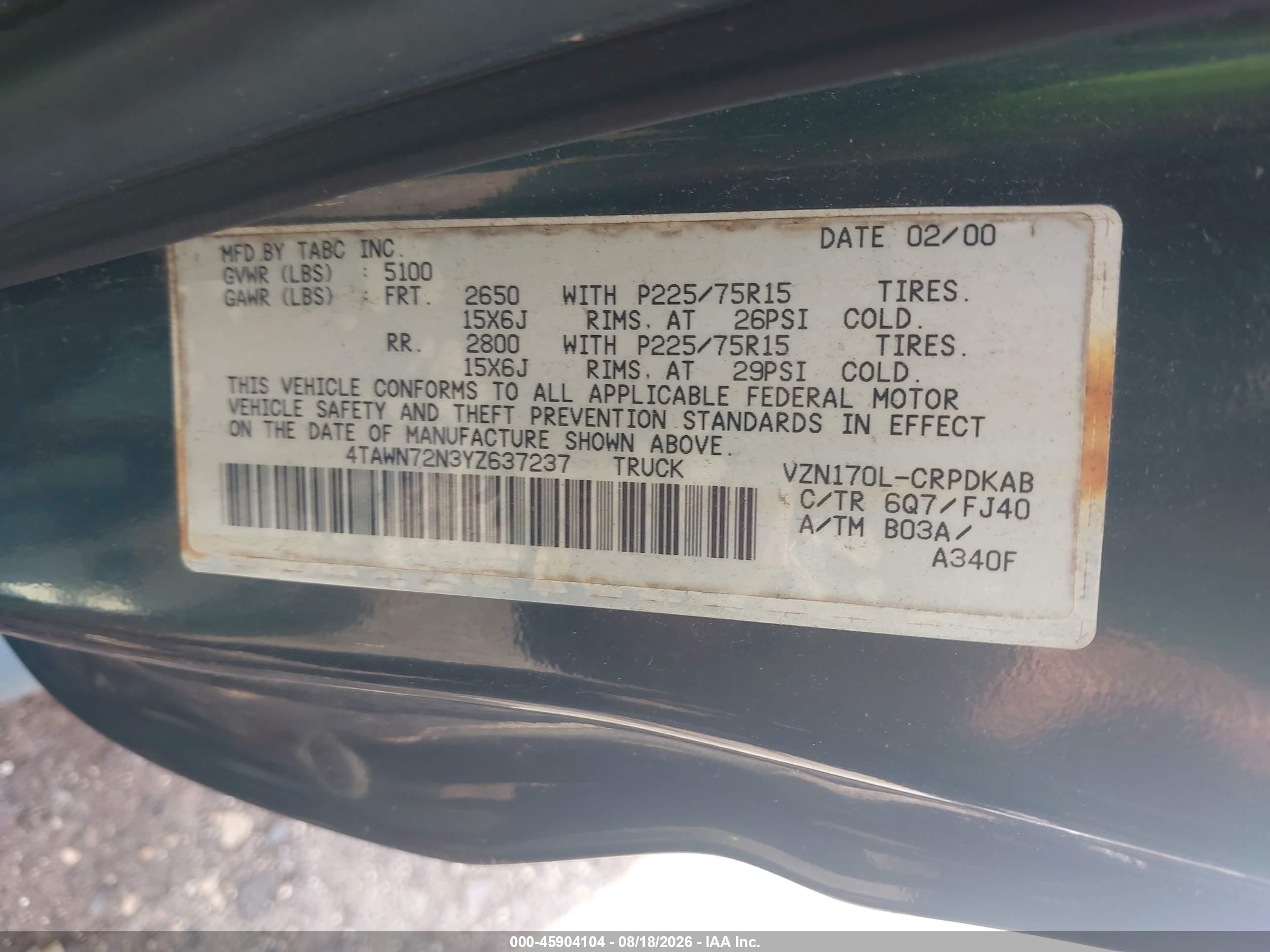 2000 Toyota Tacoma Base V6 Green vin: 4TAWN72N3YZ637237