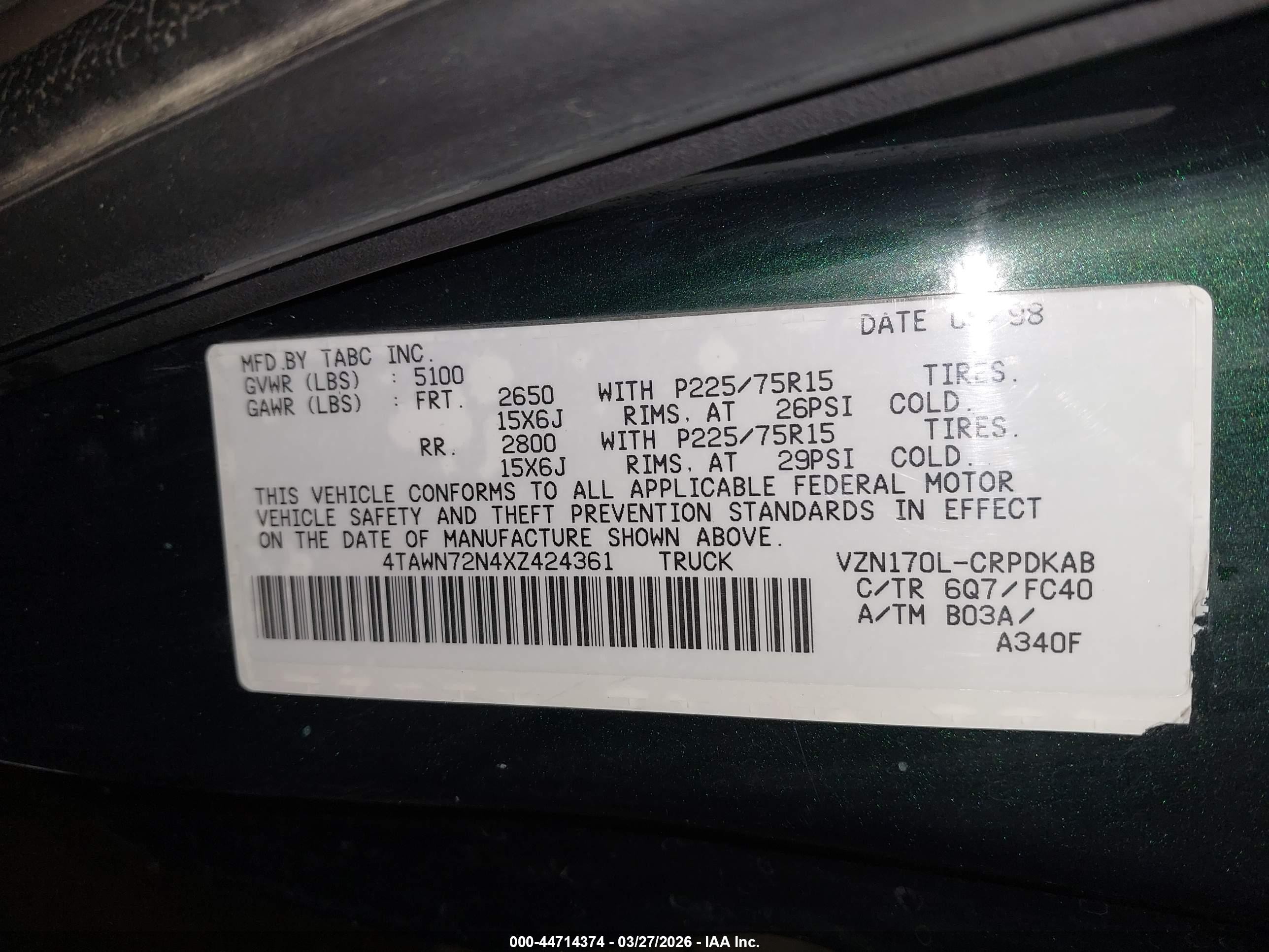 1999 Toyota Tacoma   Green vin: 4TAWN72N4XZ424361