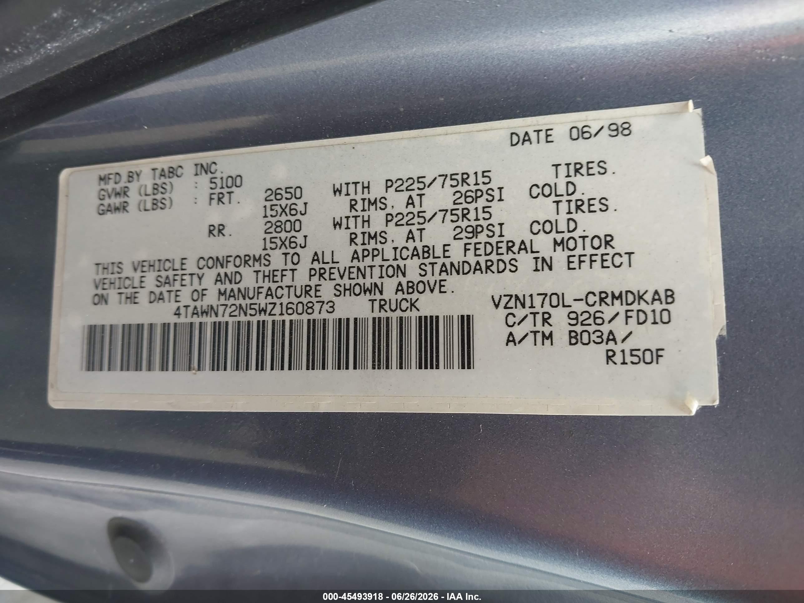 1998 Toyota Tacoma Base V6 Синий vin: 4TAWN72N5WZ160873