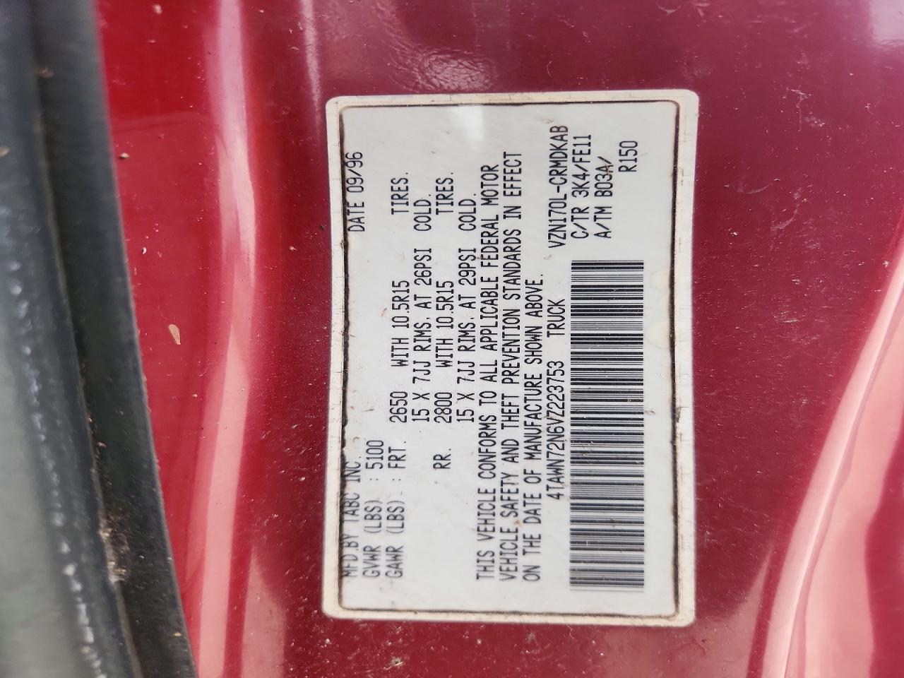1997 Toyota Tacoma V6 Red vin: 4TAWN72N6VZ223753