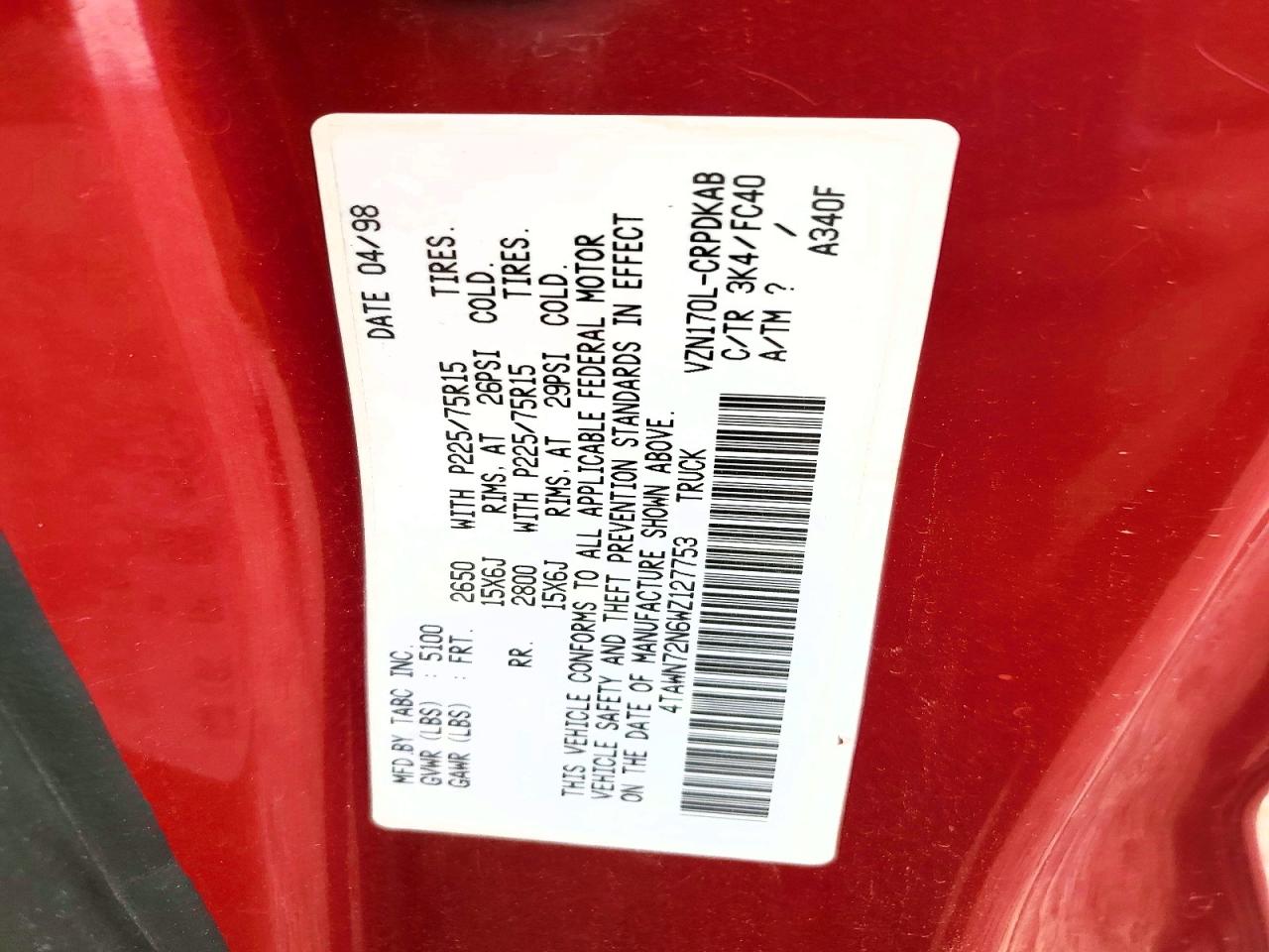 1998 Toyota Tacoma Xtracab Maroon vin: 4TAWN72N6WZ127753