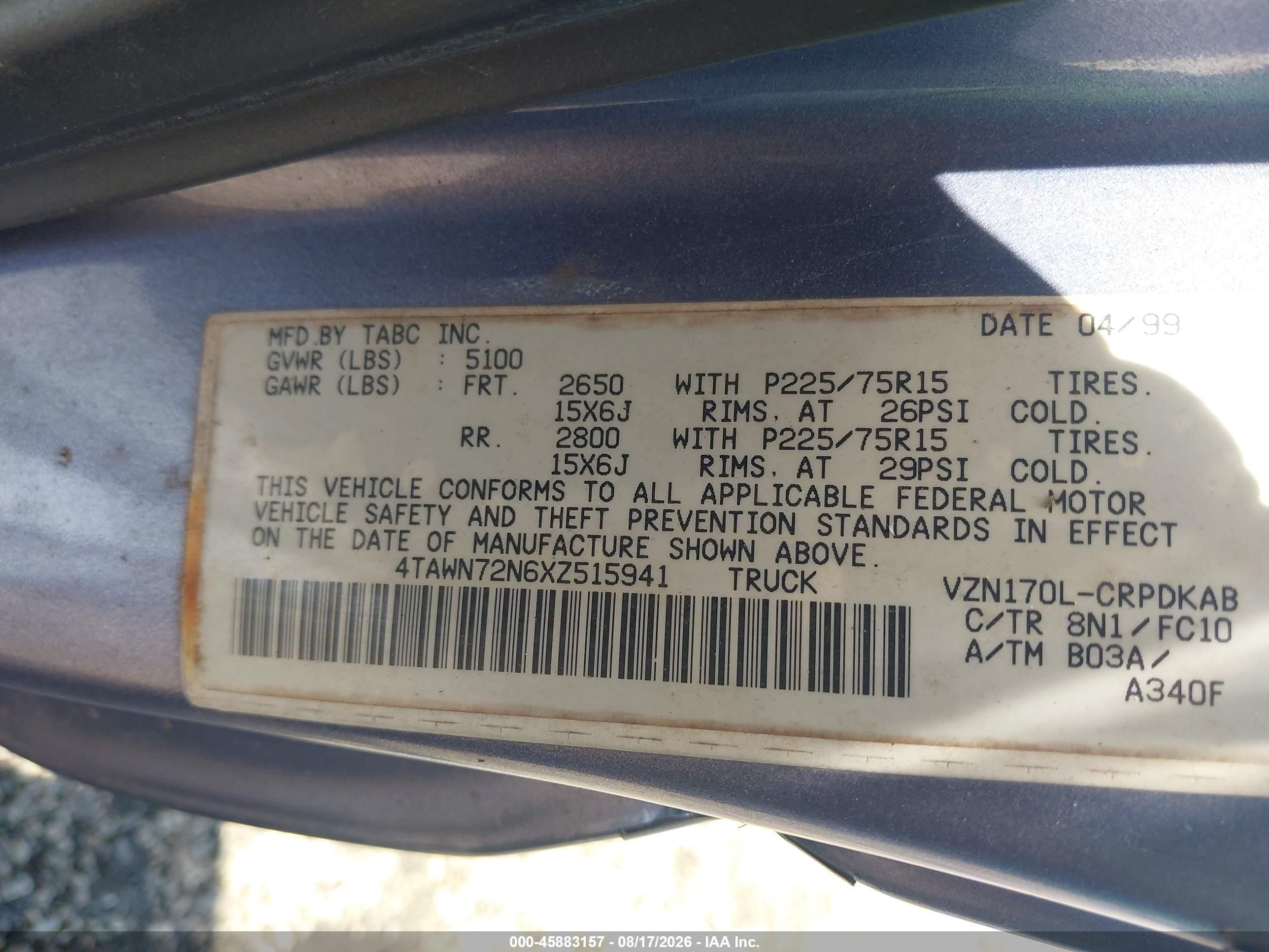 1999 Toyota Tacoma   Blue vin: 4TAWN72N6XZ515941