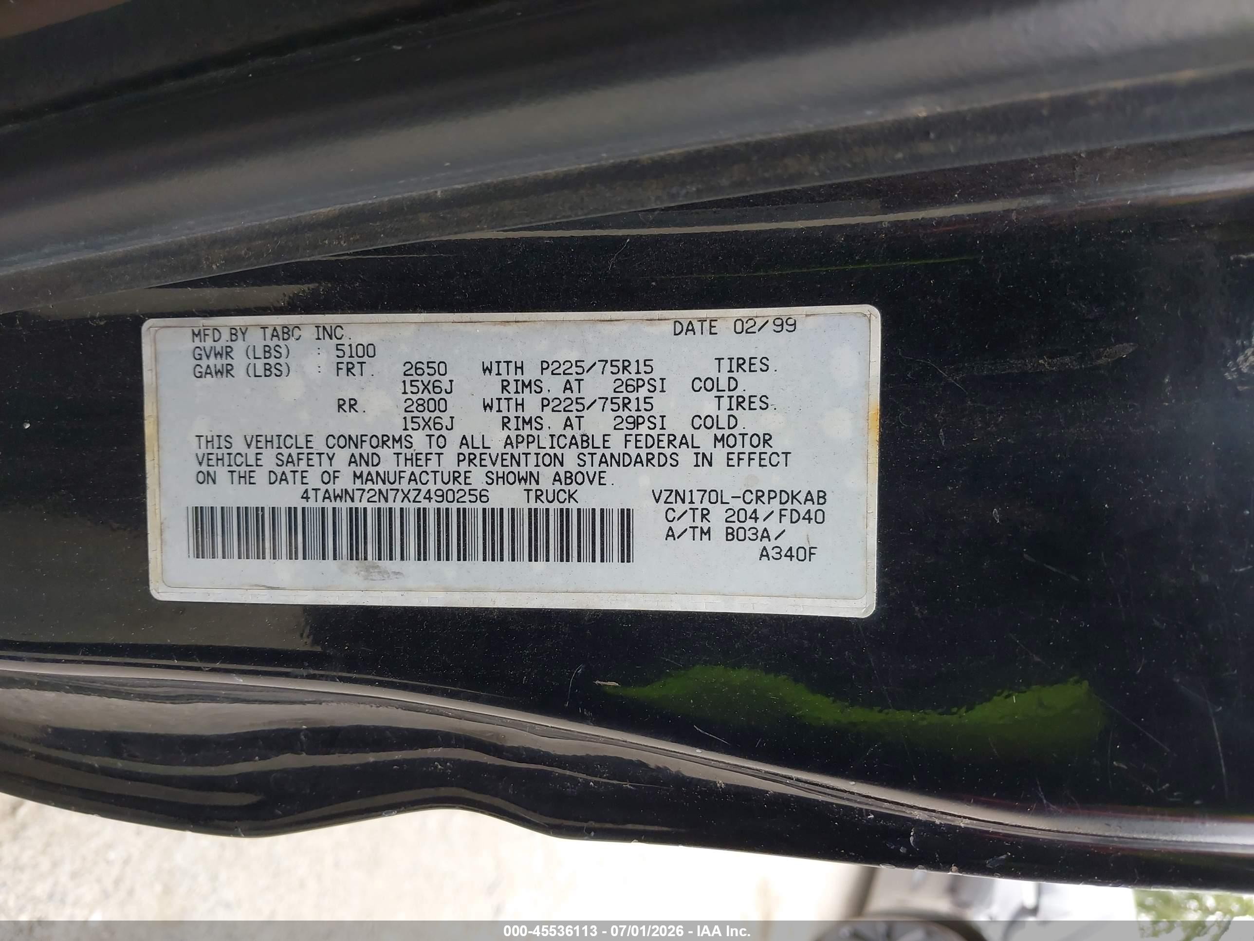 1999 Toyota Tacoma   Black vin: 4TAWN72N7XZ490256