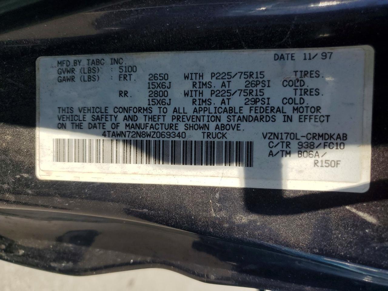 1998 Toyota Tacoma Xtracab Purple vin: 4TAWN72N8WZ069340