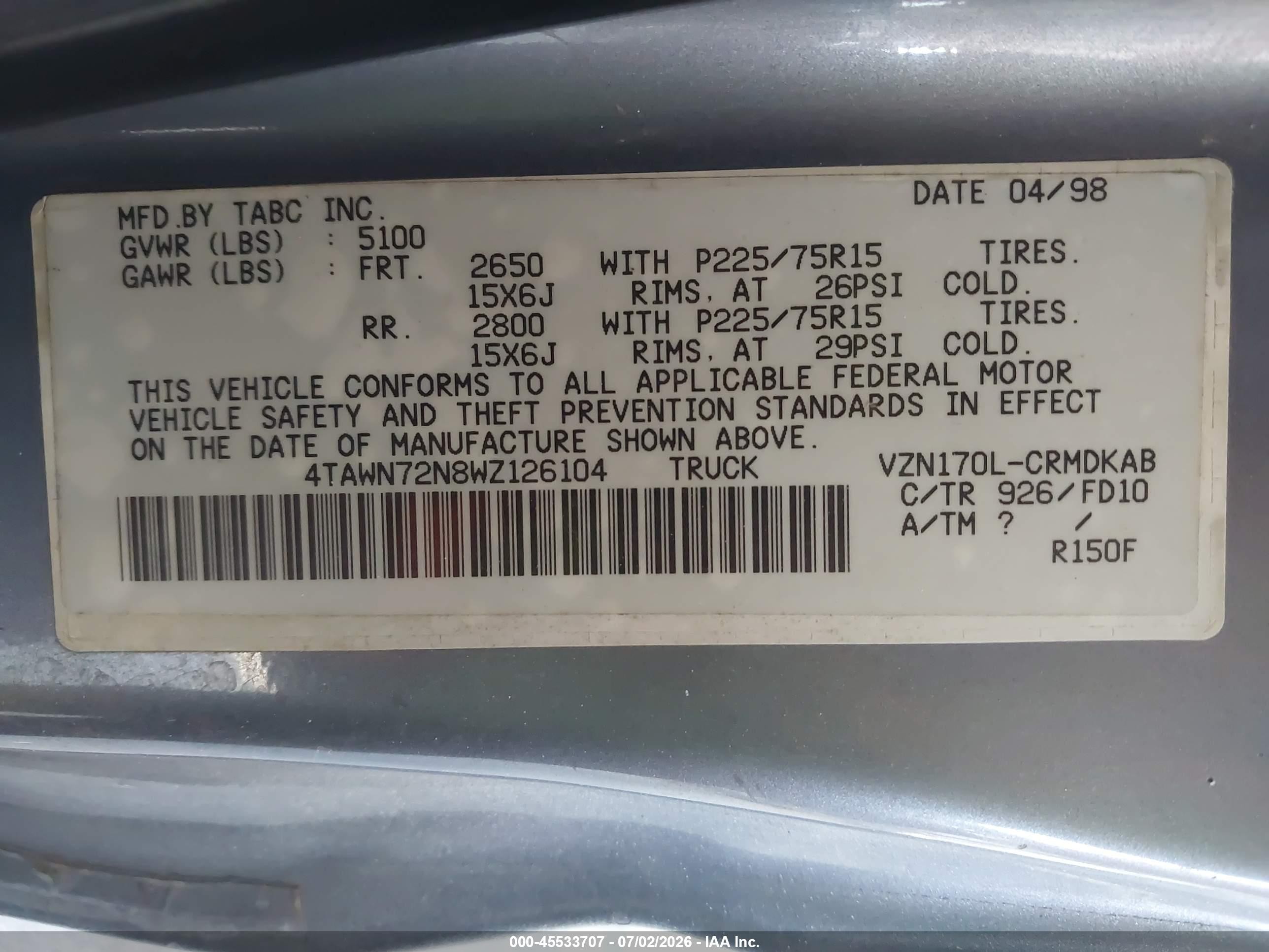 1998 Toyota Tacoma Base V6 Black vin: 4TAWN72N8WZ126104