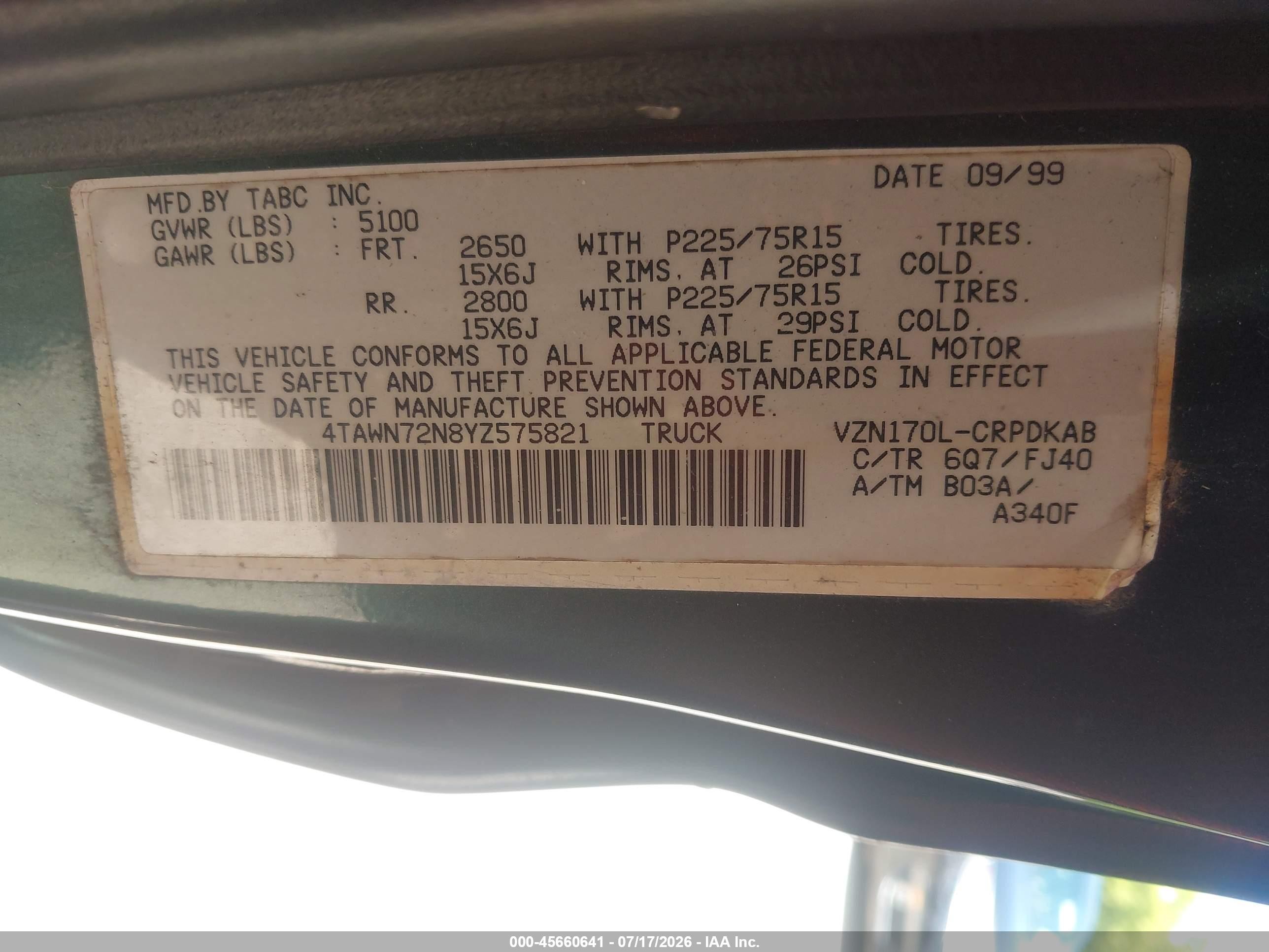 2000 Toyota Tacoma Base V6 Green vin: 4TAWN72N8YZ575821
