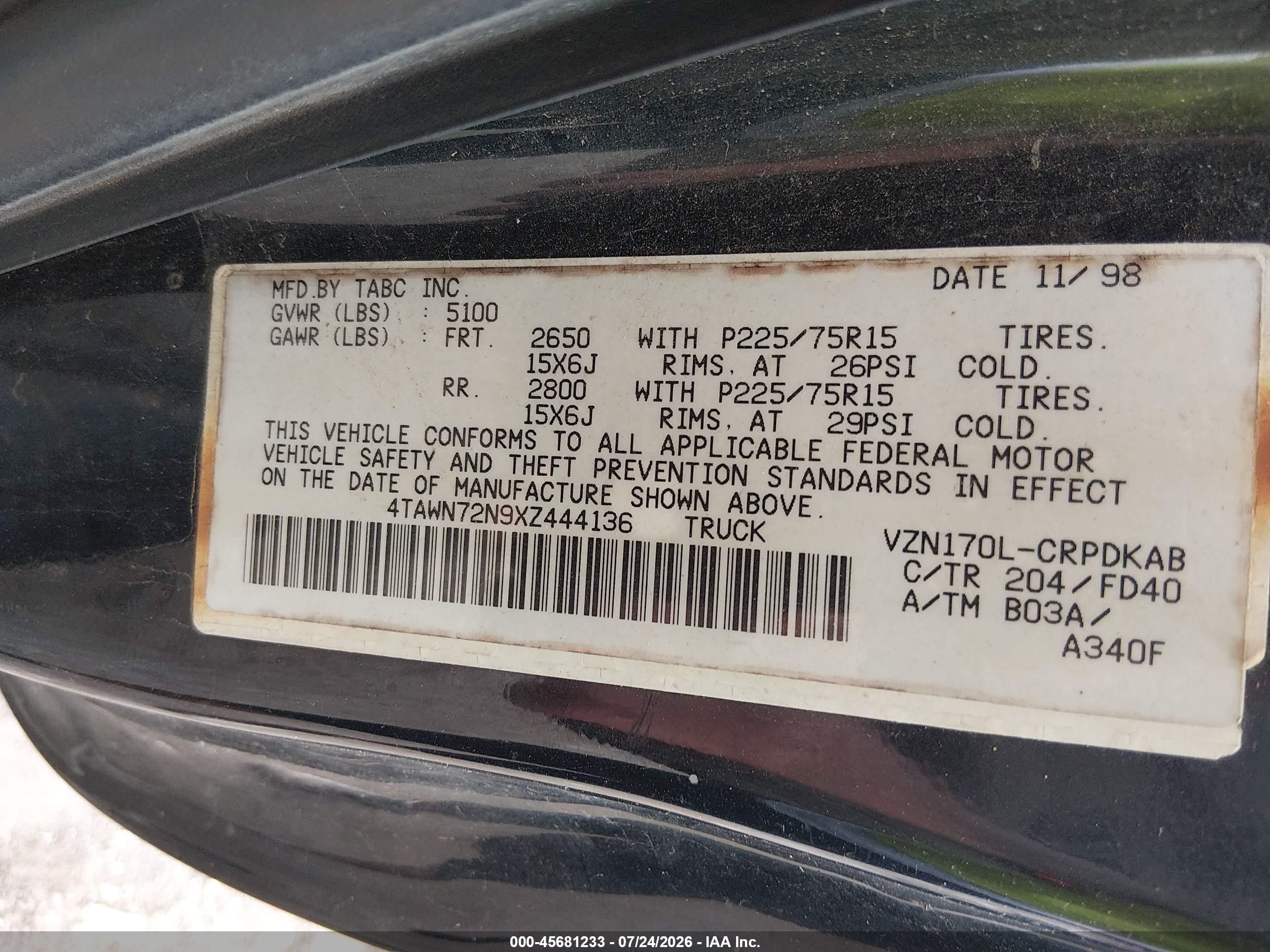 1999 Toyota Tacoma   Black vin: 4TAWN72N9XZ444136