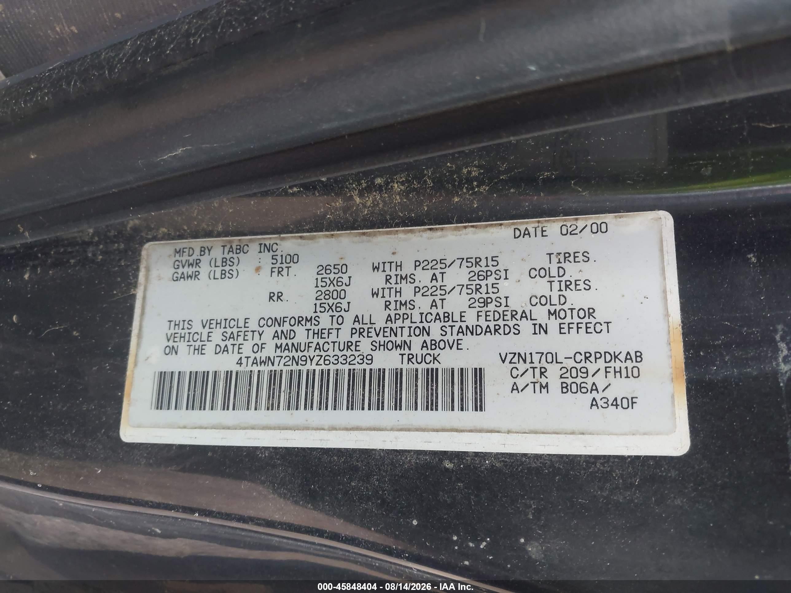 2000 Toyota Tacoma Base V6 Black vin: 4TAWN72N9YZ633239