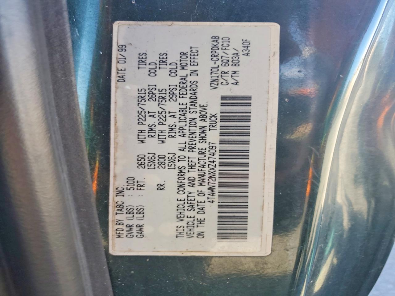 1999 Toyota Tacoma Xtracab Green vin: 4TAWN72NXXZ474097
