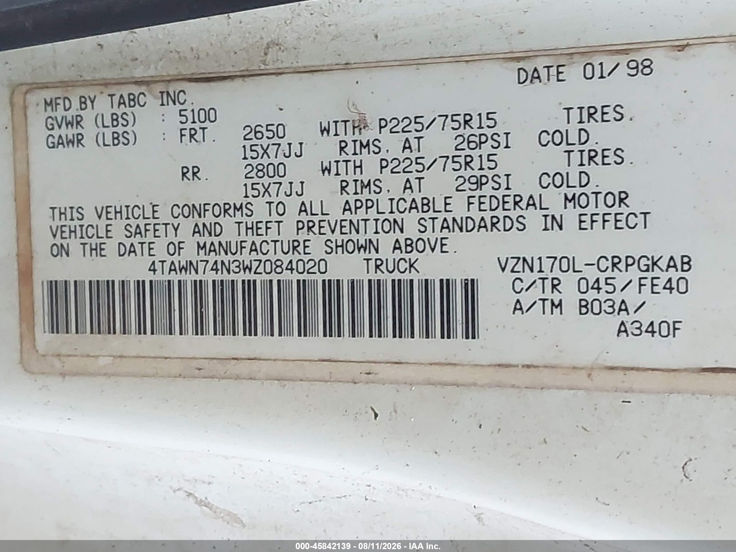 1998 Toyota Tacoma Limited V6 White vin: 4TAWN74N3WZ084020