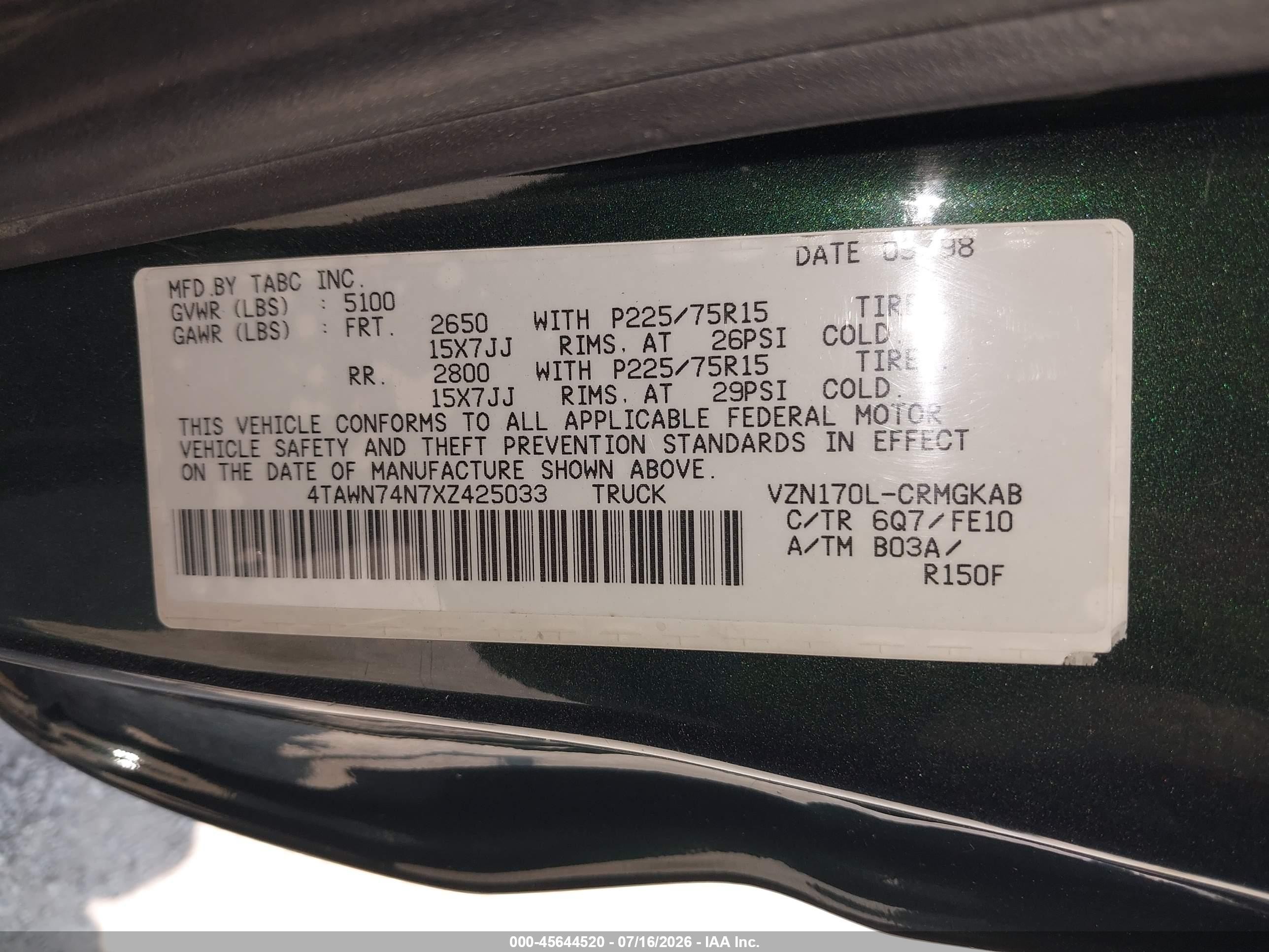 1999 Toyota Tacoma Limited V6 Green vin: 4TAWN74N7XZ425033