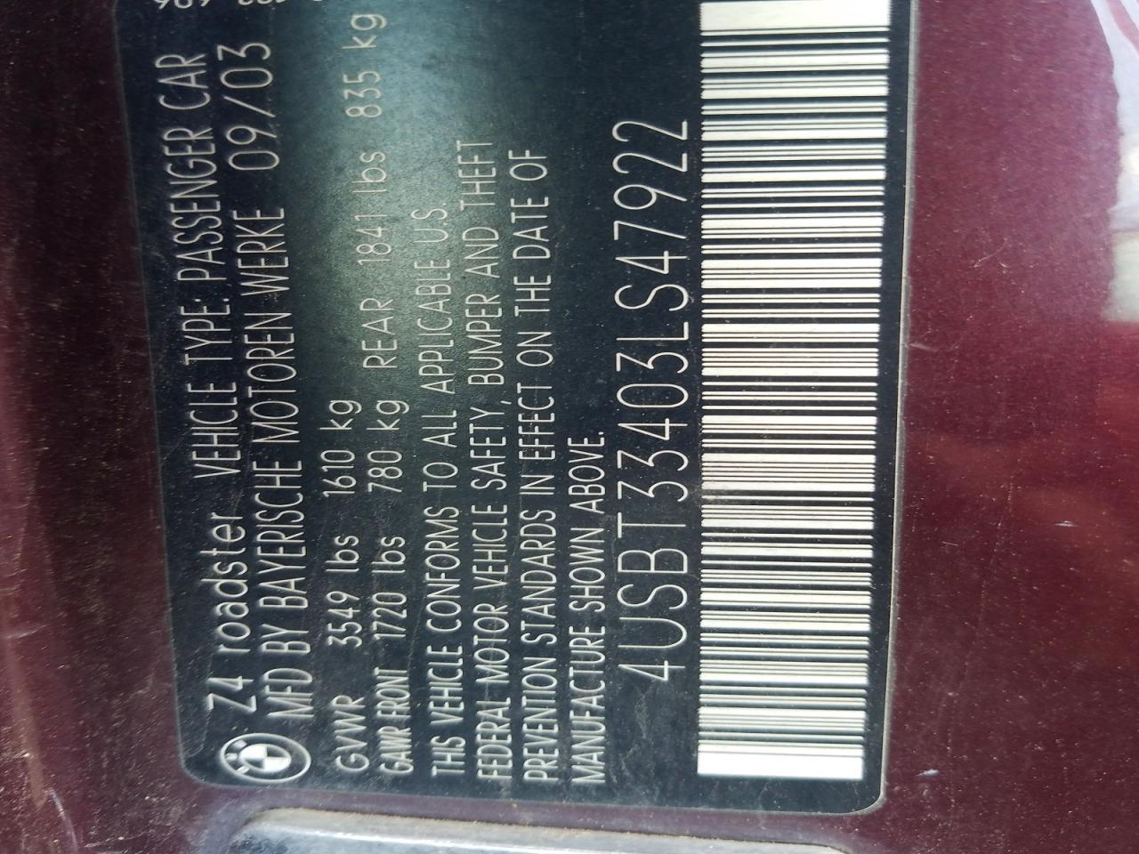 2003 Bmw Z4 2.5 Purple vin: 4USBT33403LS47922
