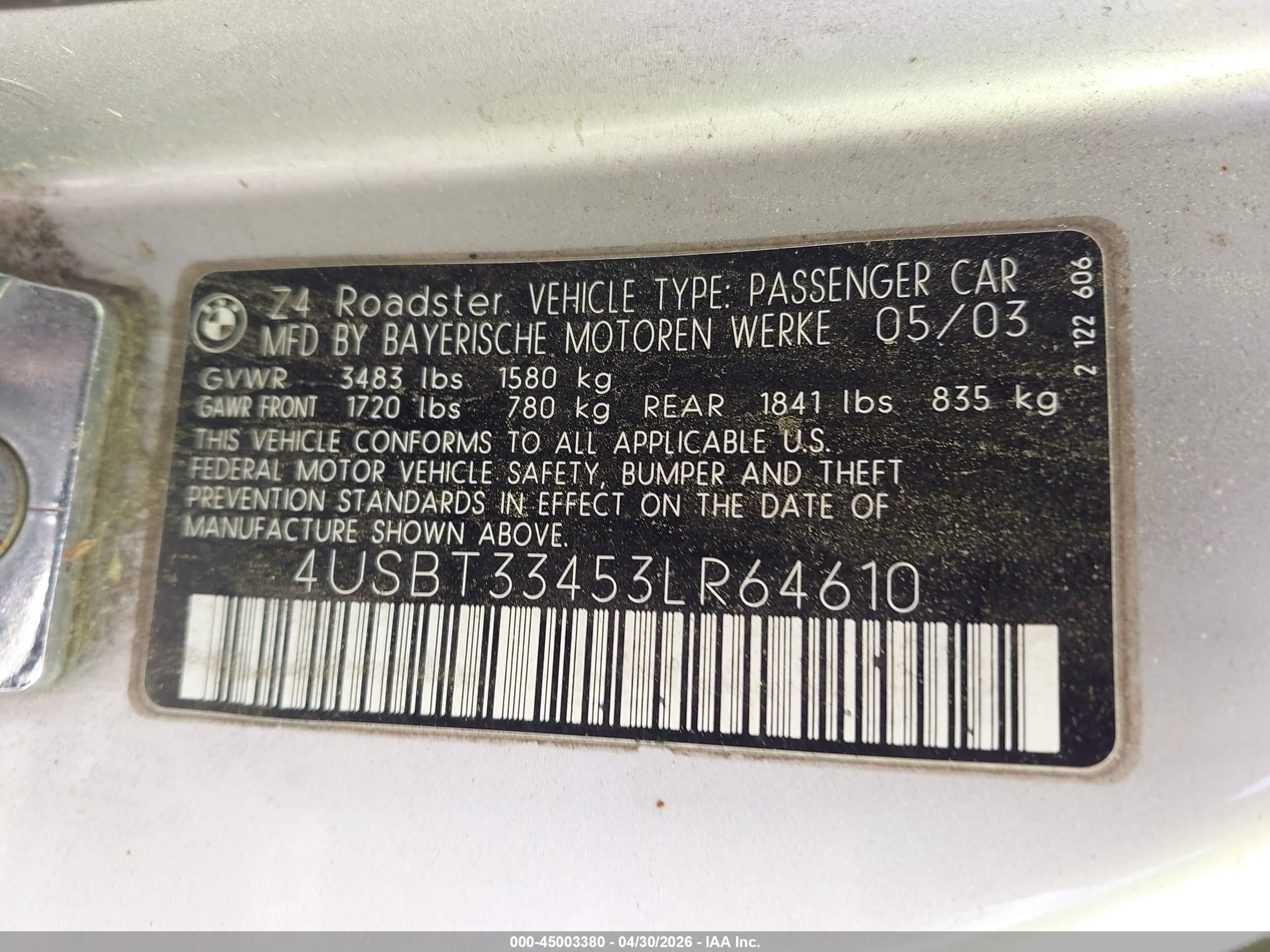 2003 Bmw Z4 2.5i Silver vin: 4USBT33453LR64610