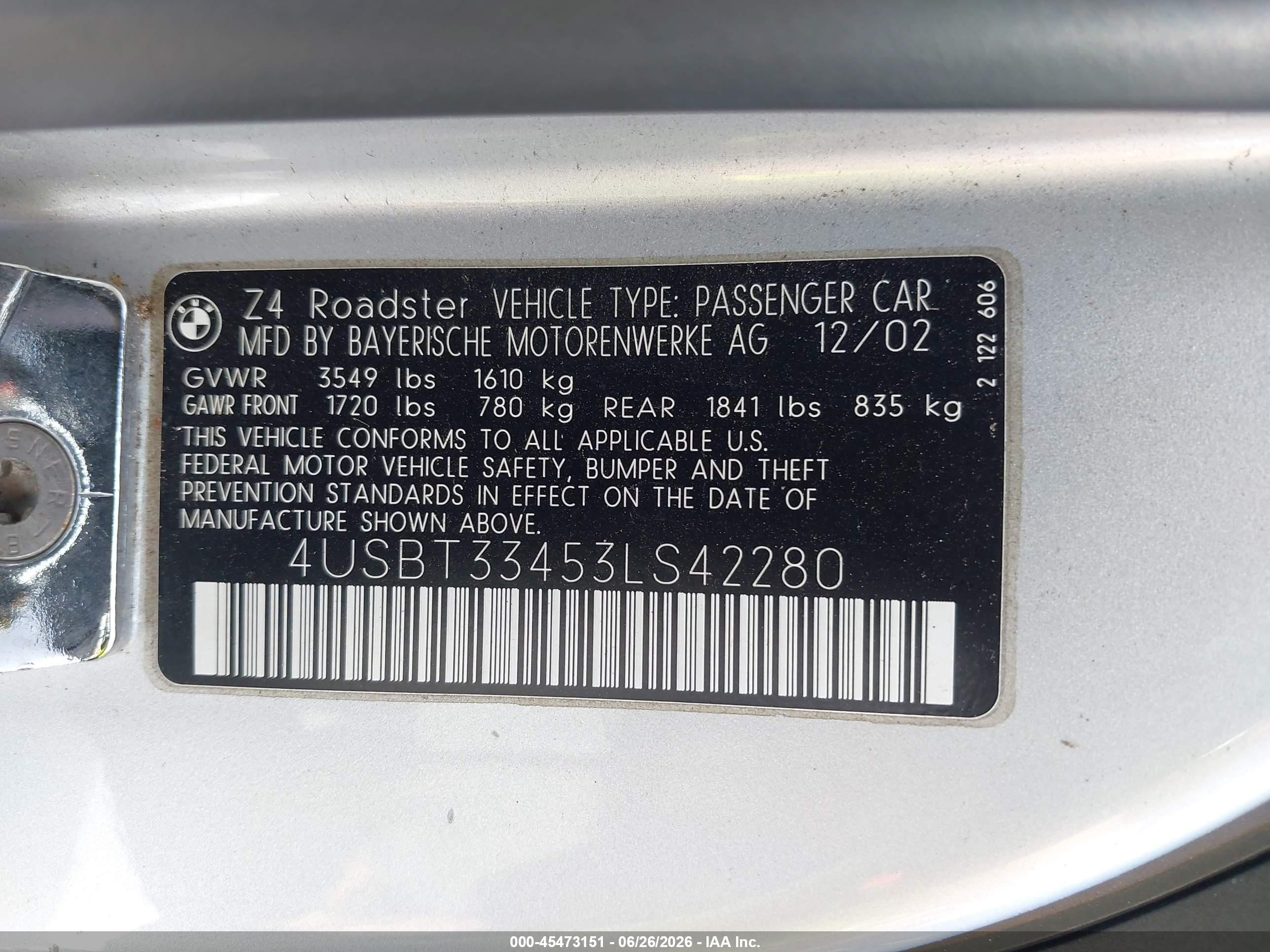 2003 Bmw Z4 2.5i Серебряный vin: 4USBT33453LS42280
