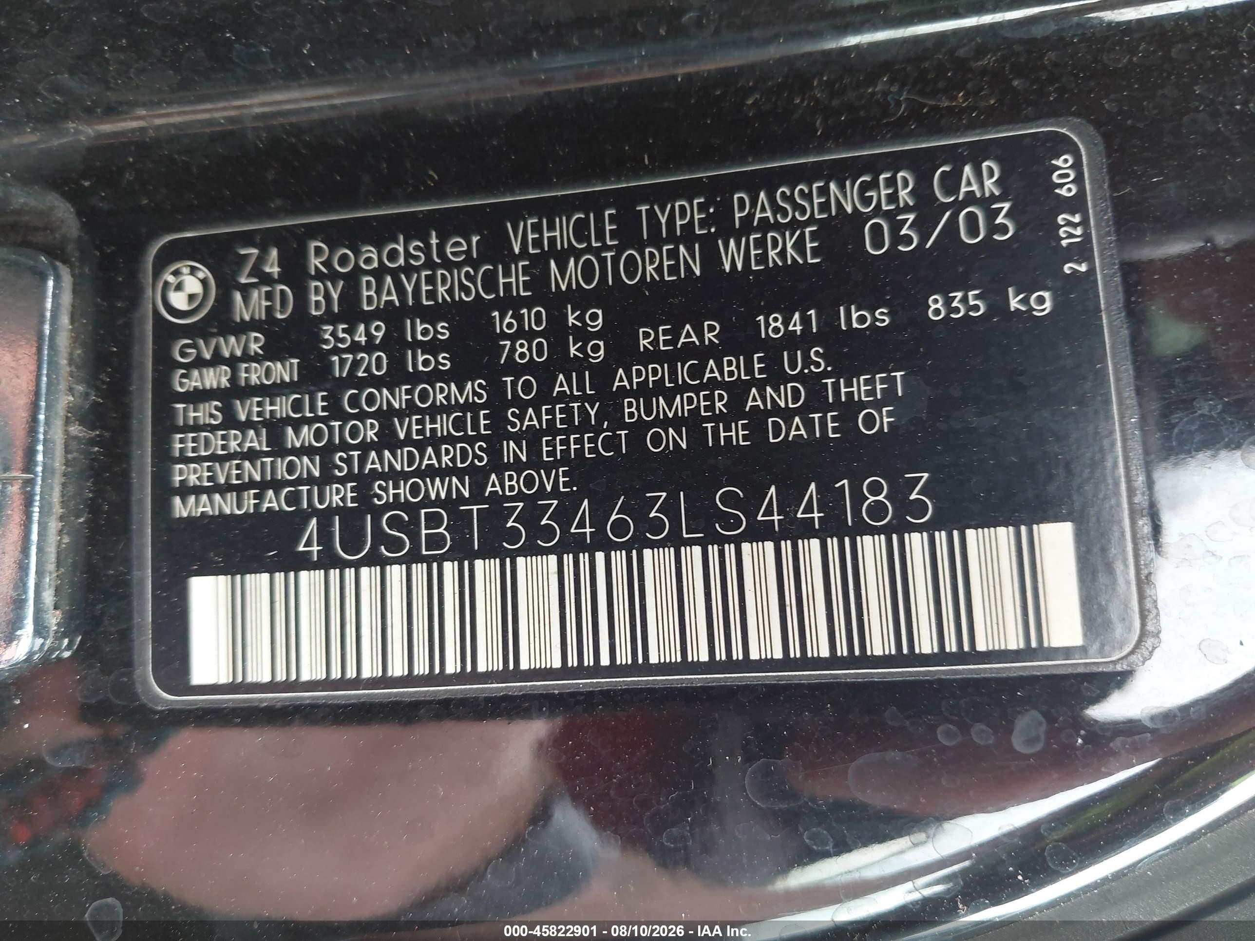 2003 Bmw Z4 2.5i Black vin: 4USBT33463LS44183