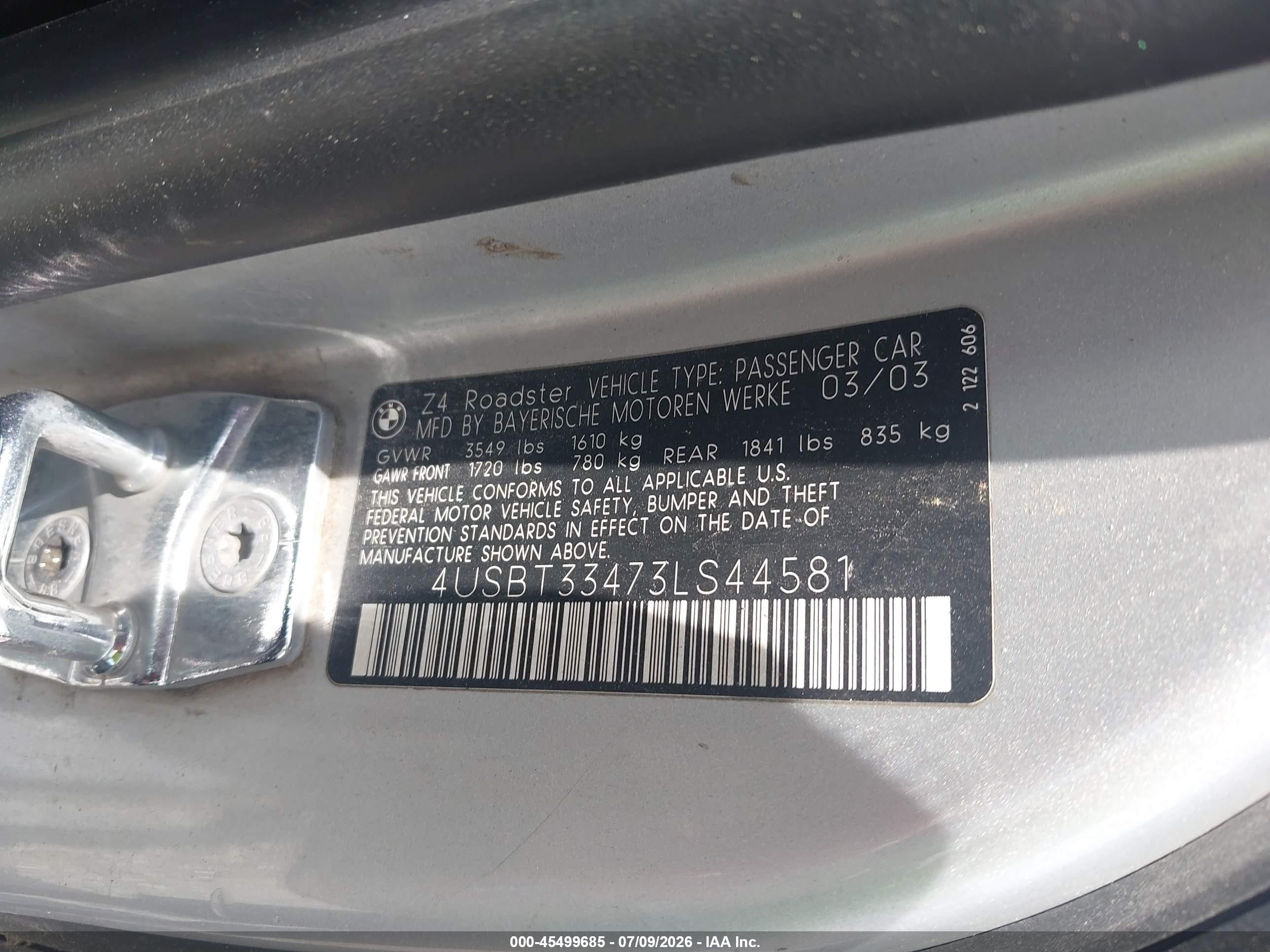 2003 Bmw Z4 2.5i Silver vin: 4USBT33473LS44581