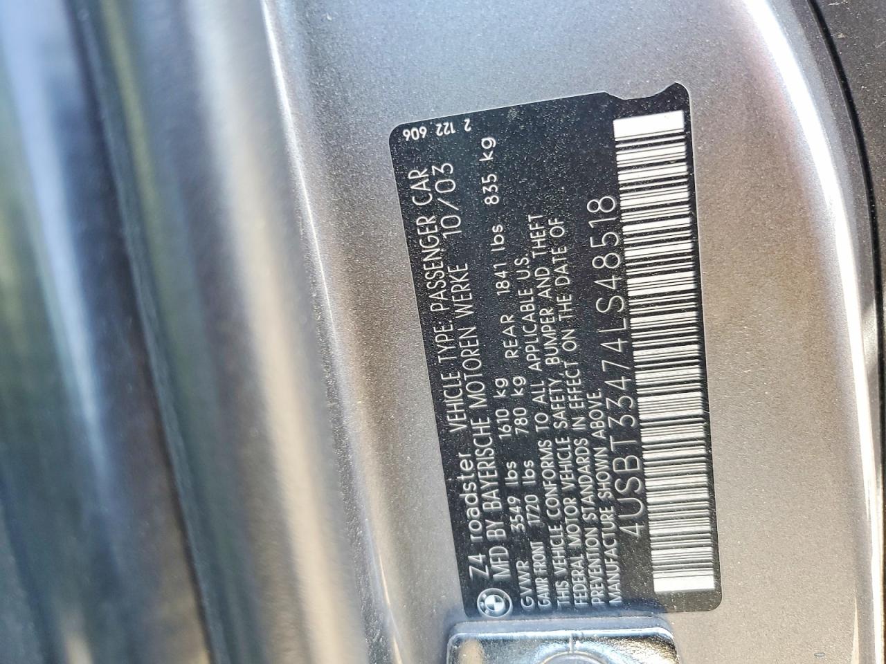 2004 Bmw Z4 2.5 Gray vin: 4USBT33474LS48518