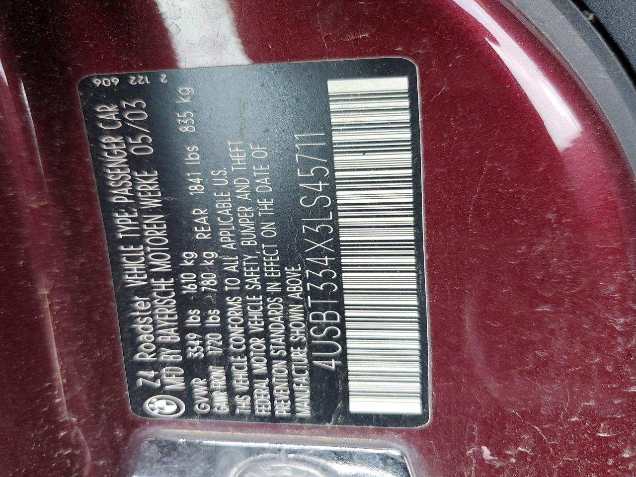 2003 Bmw Z4 2.5 Maroon vin: 4USBT334X3LS45711