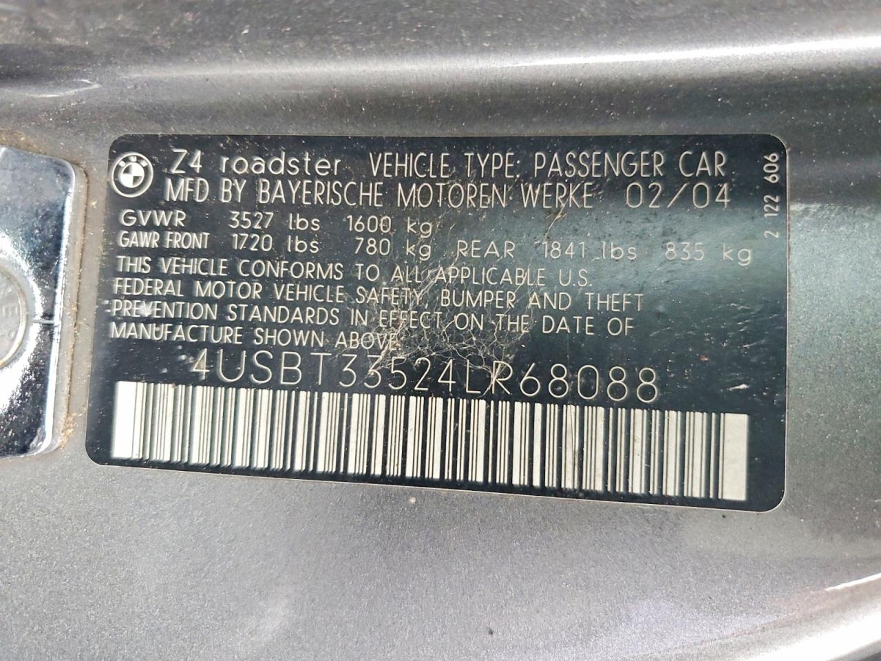 2004 Bmw Z4 2.5 Charcoal vin: 4USBT33524LR68088
