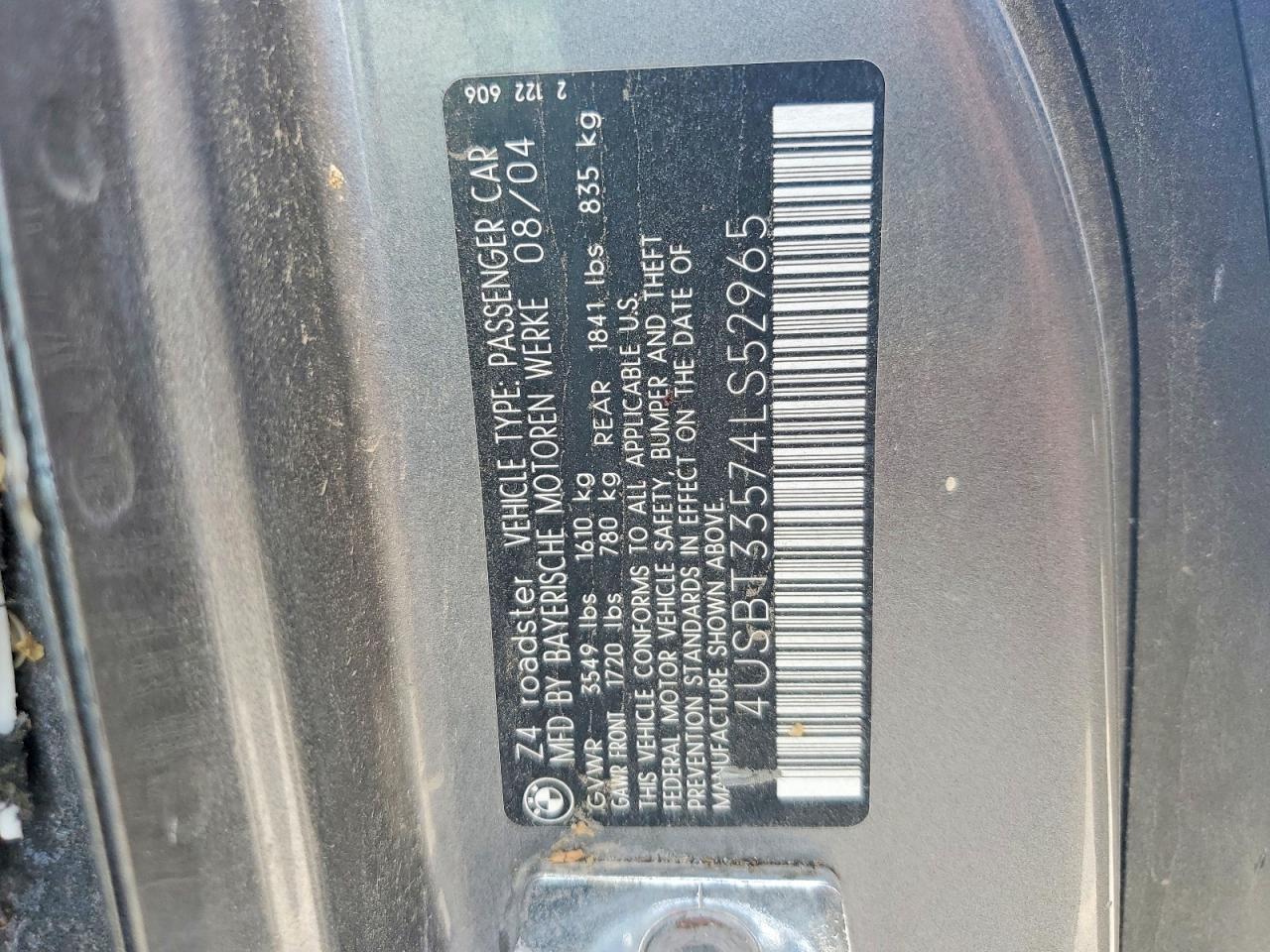 2004 Bmw Z4 2.5 Charcoal vin: 4USBT33574LS52965