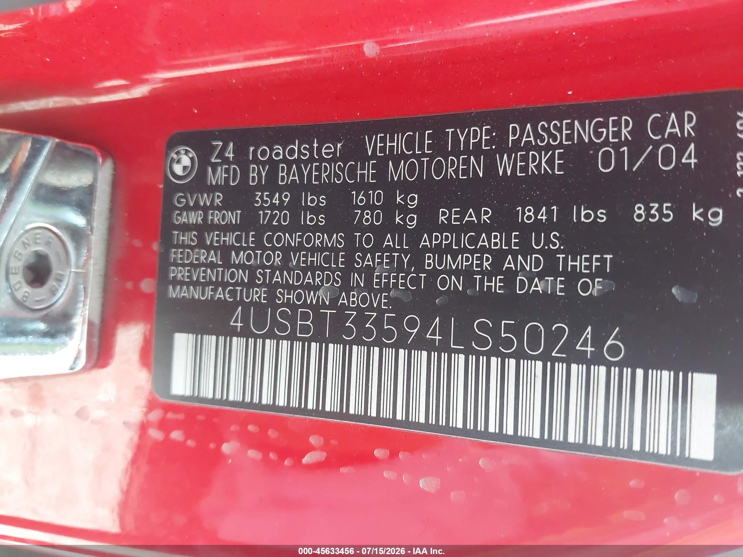 2004 Bmw Z4 2.5i Red vin: 4USBT33594LS50246