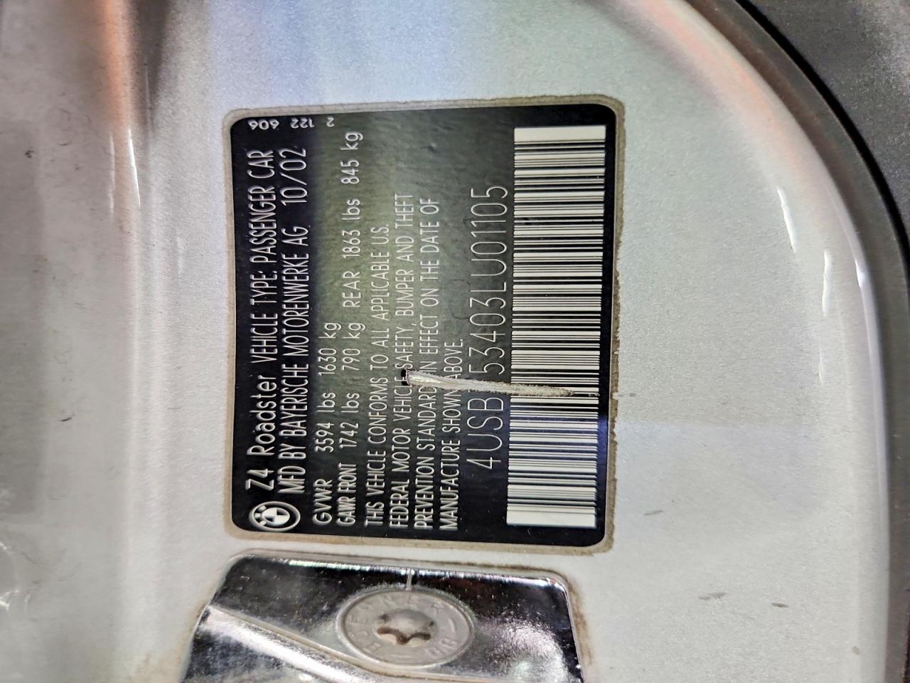 2003 Bmw Z4 3.0 Silver vin: 4USBT53403LU01105