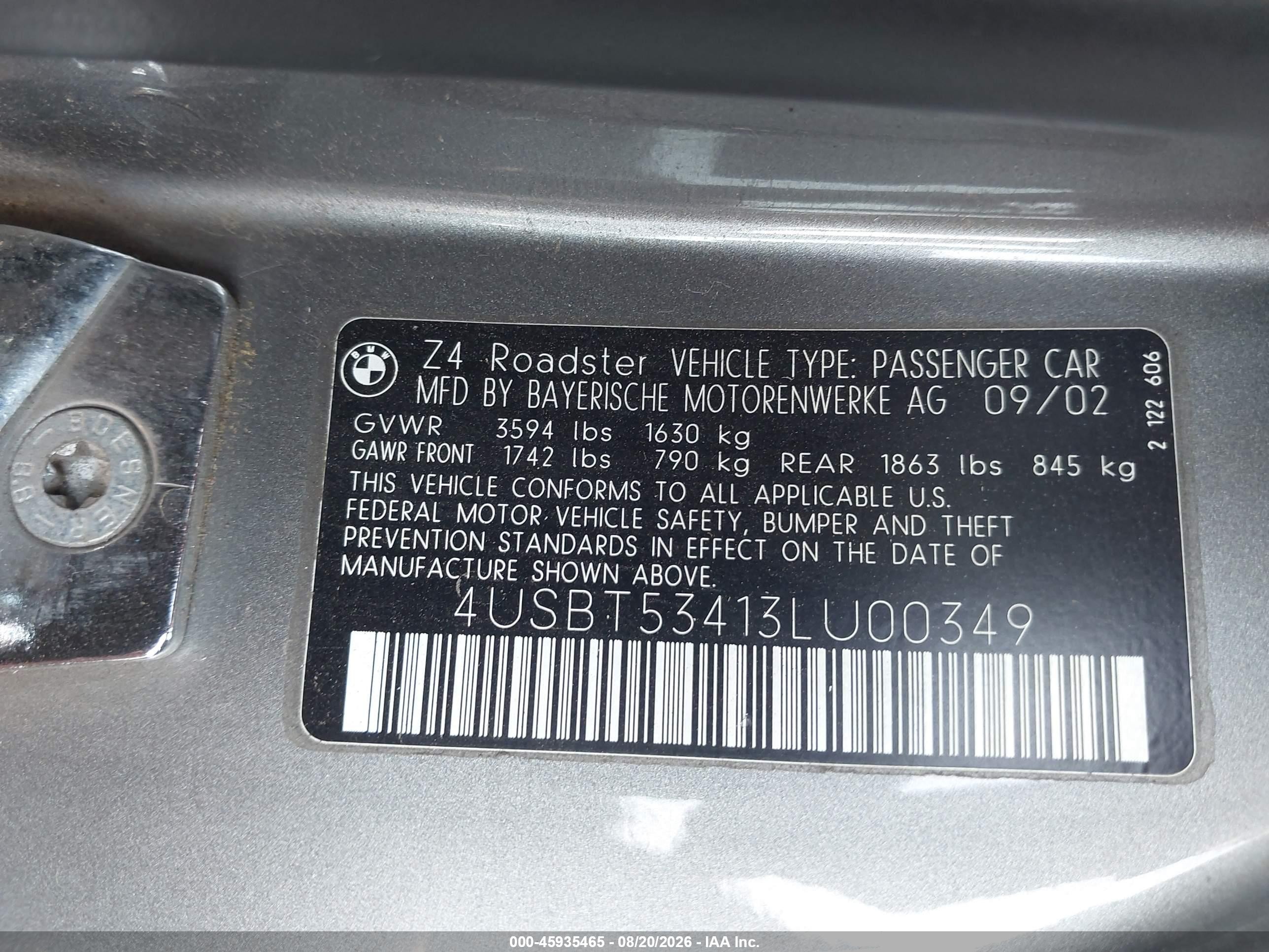 2003 Bmw Z4 3.0i Gray vin: 4USBT53413LU00349