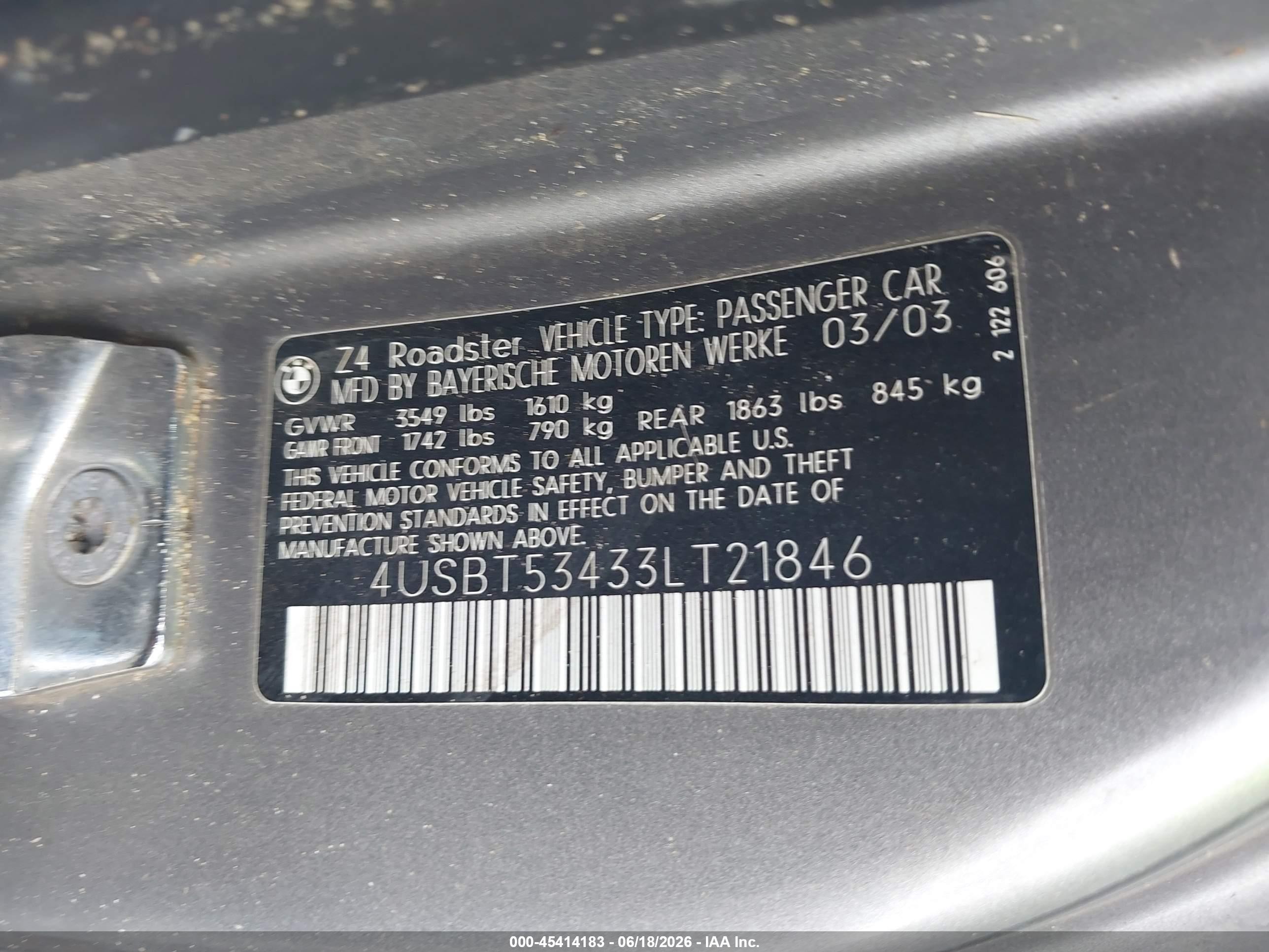 2003 Bmw Z4 3.0i Silver vin: 4USBT53433LT21846