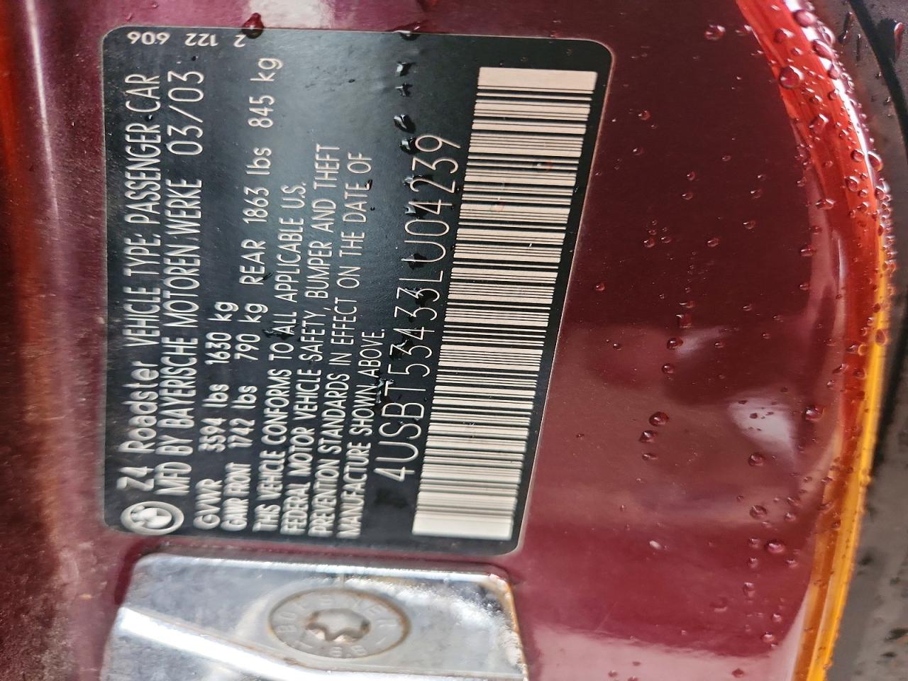 2003 Bmw Z4 3.0 Maroon vin: 4USBT53433LU04239