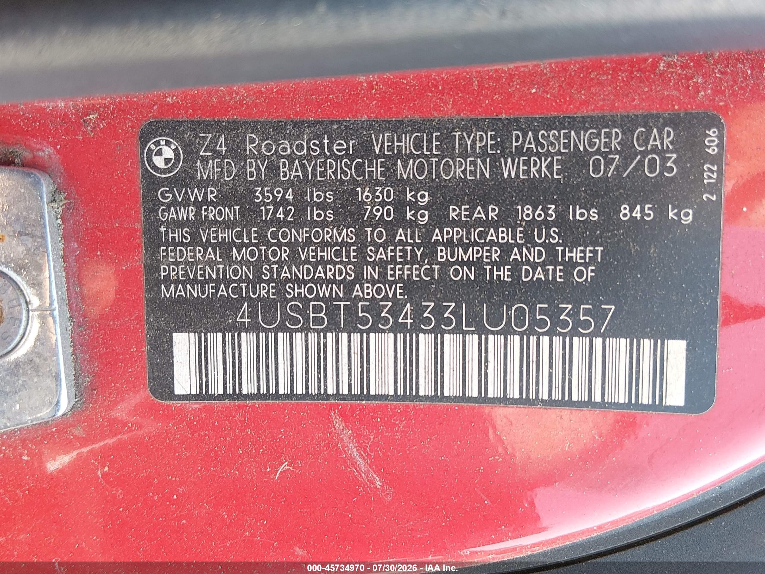 2003 Bmw Z4 3.0i Red vin: 4USBT53433LU05357