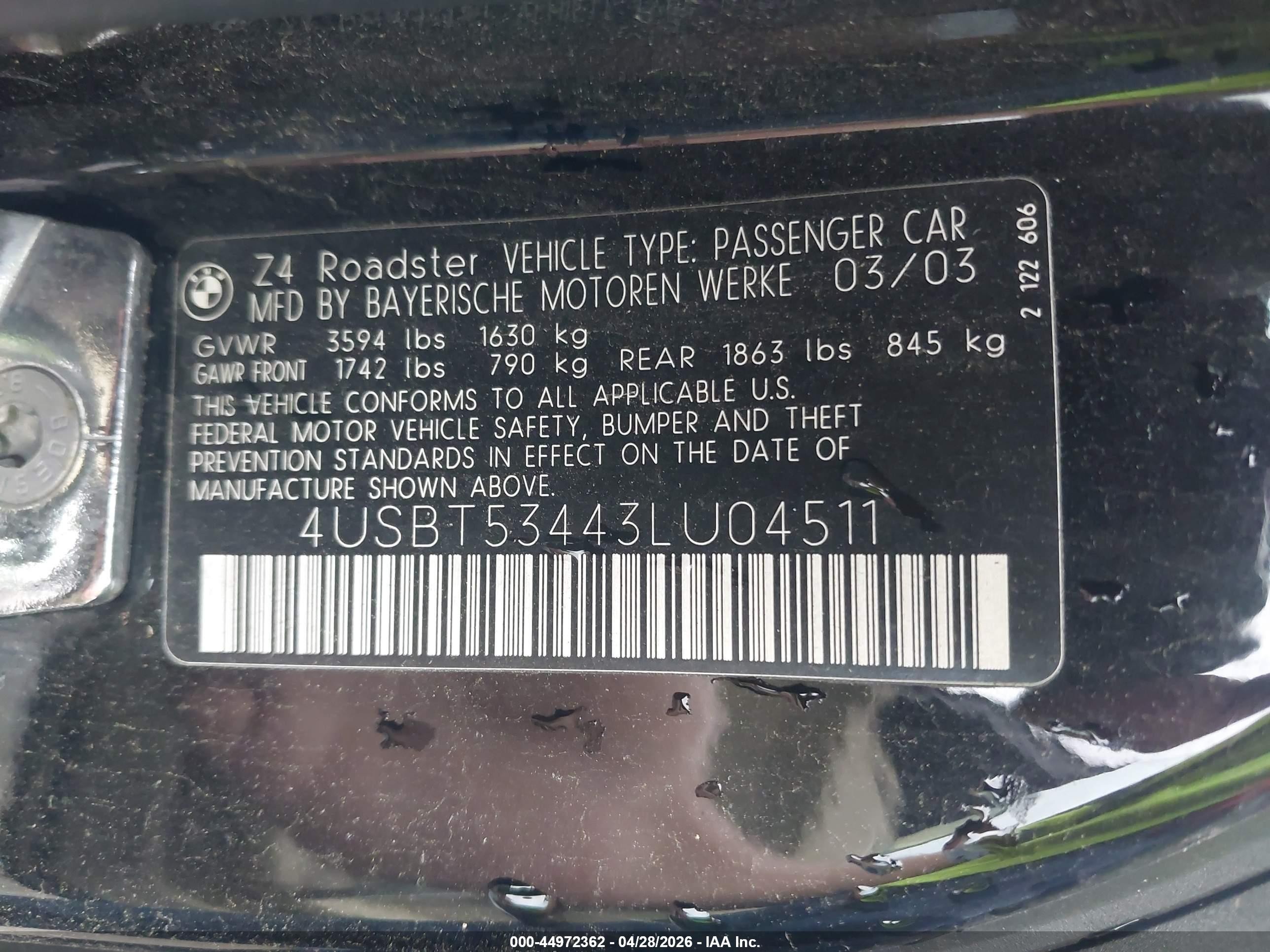 2003 Bmw Z4 3.0i Black vin: 4USBT53443LU04511